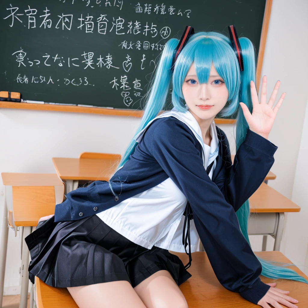 (masterpiece,best quality,newest,highres,absurdres:1),
(realistic,DSLR,film grain,cosplay photo,professional photography:1),
1girl,atsune Miku,long hair,blue hair,school uniform,blue eyes,solo,shimokitazawa high school uniform,yamada ryo \(cosplay\), A girl is in the classroom,sitting on a desk with her hand up and waving,She has long black hair and blue eyes. In the background there are other students sitting at their desks and a teacher standing near the chalkboard, The girl looks at the viewer with a serious expression on her face.
<lora:cosplay photo-noob-V1:0.7> <lora:noobReal-V2.1:0.7>
