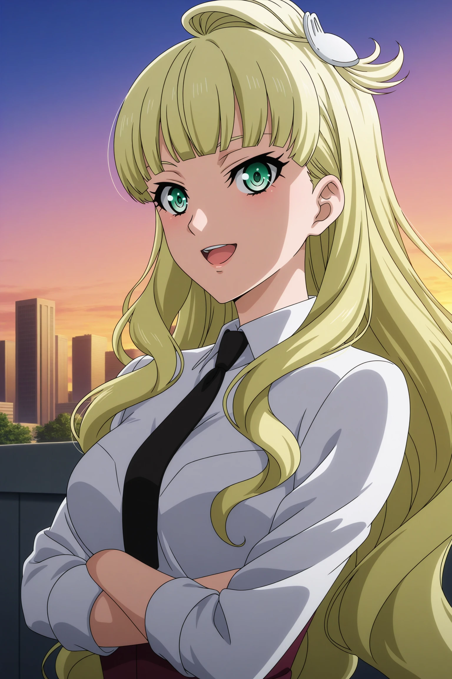 masterpiece, best quality, amazing quality, highres, absurdres, very aesthetic, high resolution, ultra detailed, perfect details, 1girl, outdoors, city, rooftop, sunset, medium breasts, emilia edelman, blonde hair, very long hair, wavy hair, low twintails, sidelocks, blunt bangs, topknot, hair ornaments, blue eyes, white shirt, collared shirt, black necktie, purple skirt, pencil skirt, white thighhighs, black footwear, knee boots, <lora:Emilia_Edelman_ILXL:0.8>, (aged up:1.3), (upper body:1.6), (anime coloring:1.5), (anime screencap:1.5), smile, open mouth, (pose:1.3), looking at viewer