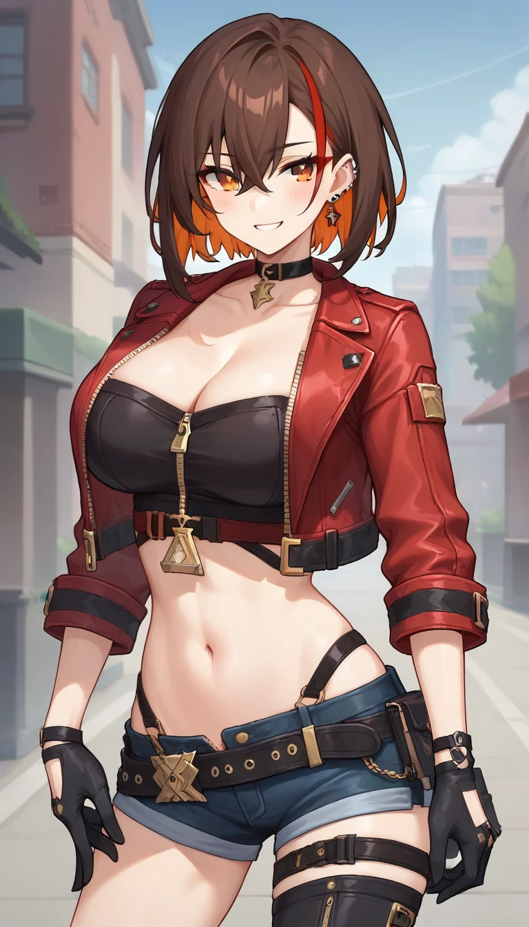 score_9,score_8_up,score_7_up,score_6_up BREAK official art,solo,outdoors,cowboy shot,looking at viewer,facing viewer,smile,blush,Ming,short hair,brown hair,streaked hair,colored inner hair,red hair,jewelry,earrings,hair between eyes,bangs,orange eyes,black choker,collarbone,cleavage,red jacket,cropped jacket,open jacket,midriff,tube top,zipper,long sleeves,black gloves,large breasts,stomach,navel,belt,denim shorts,short shorts,thigh strap,single thighhigh,black thighhighs,high heel boots,black footwear,<lora:Ming(Strinova)-Pony:1.2>,