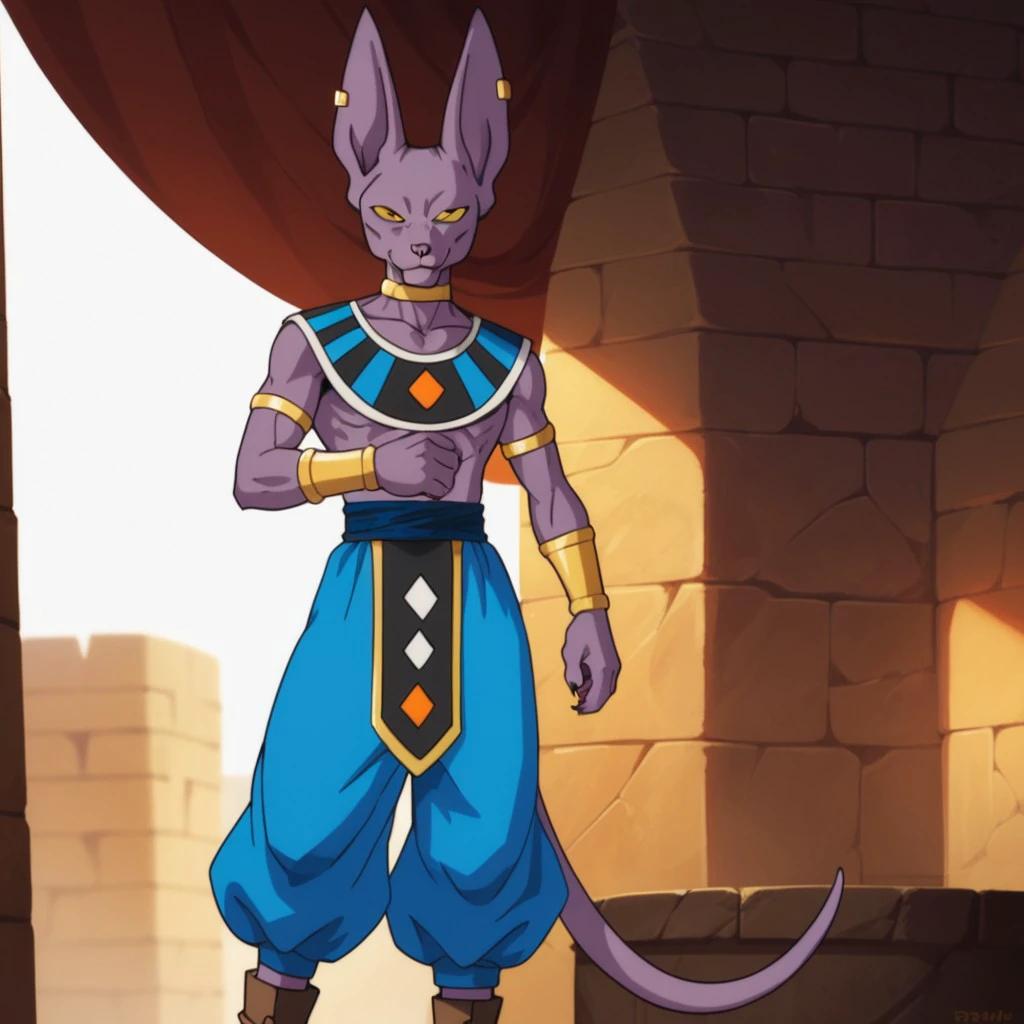 score_9, score_8_up, score_7_up, score_6_up, score_5_up, score_4_up, source_furry, dbbeerus, anthro, male, feline, purple skin, yellow eyes, egyptian clothes, blue pants, brown footwear, jewelry, neck ring, armlet, bracer, bracelet, earring, standing, outside,  front view, looking at viewer, , <lora:9ca0fd9c-caff-42d2-86aa-4e369bcef6d7:0.6>