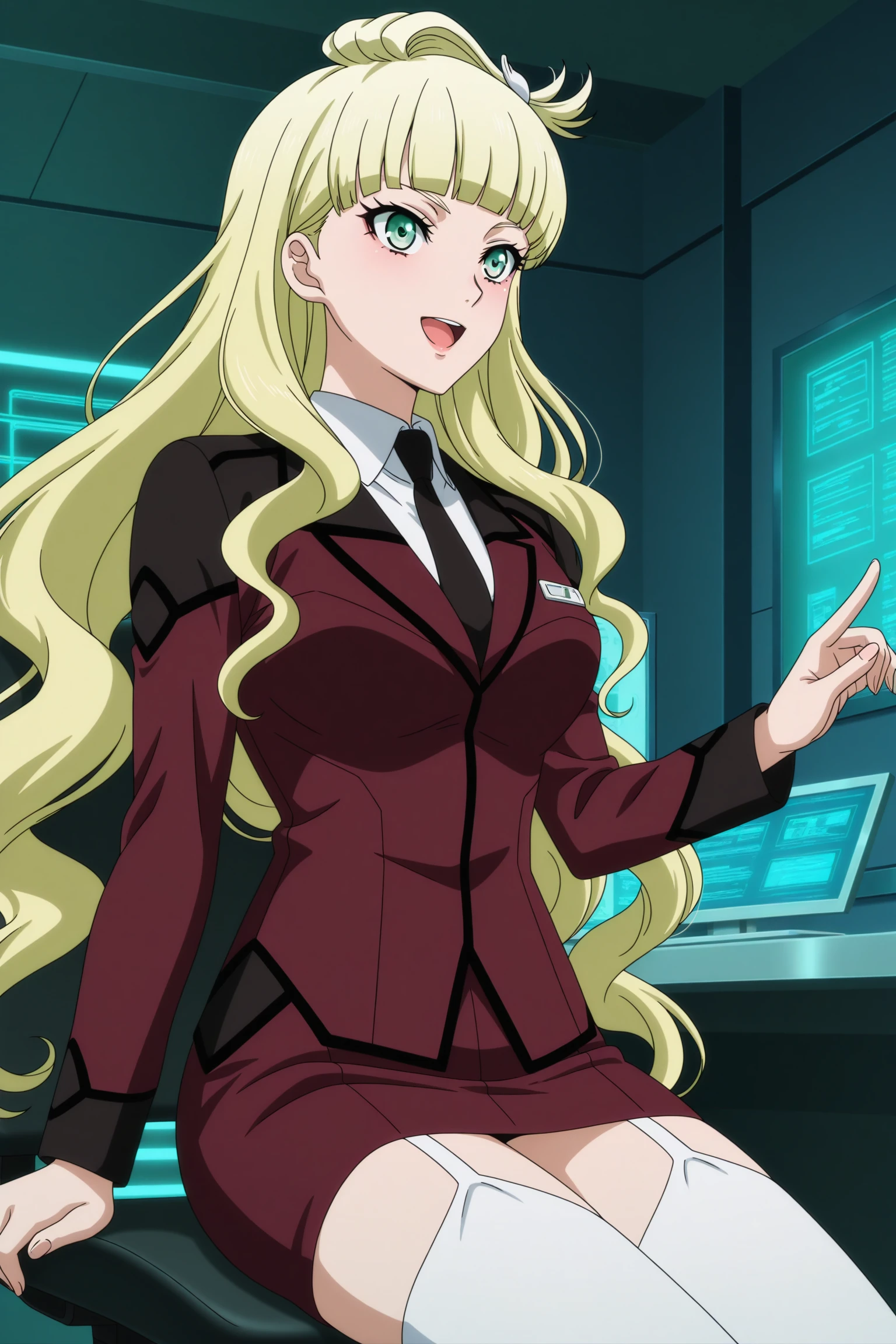 masterpiece, best quality, amazing quality, highres, absurdres, very aesthetic, high resolution, ultra detailed, perfect details, 1girl, indoors, monitor, cyberpunk, medium breasts, emilia edelman, blonde hair, very long hair, wavy hair, low twintails, sidelocks, blunt bangs, topknot, hair ornaments, blue eyes, suit, military uniform, white shirt, collared shirt, purple jacket, name tag, black necktie, purple skirt, pencil skirt, white thighhighs, black footwear, knee boots, <lora:Emilia_Edelman_ILXL:0.8>, (aged up:1.3), (cowboy shot:1.6), (anime coloring:1.5), (anime screencap:1.5), smile, open mouth, (pose:1.3), sitting, office chair, from side