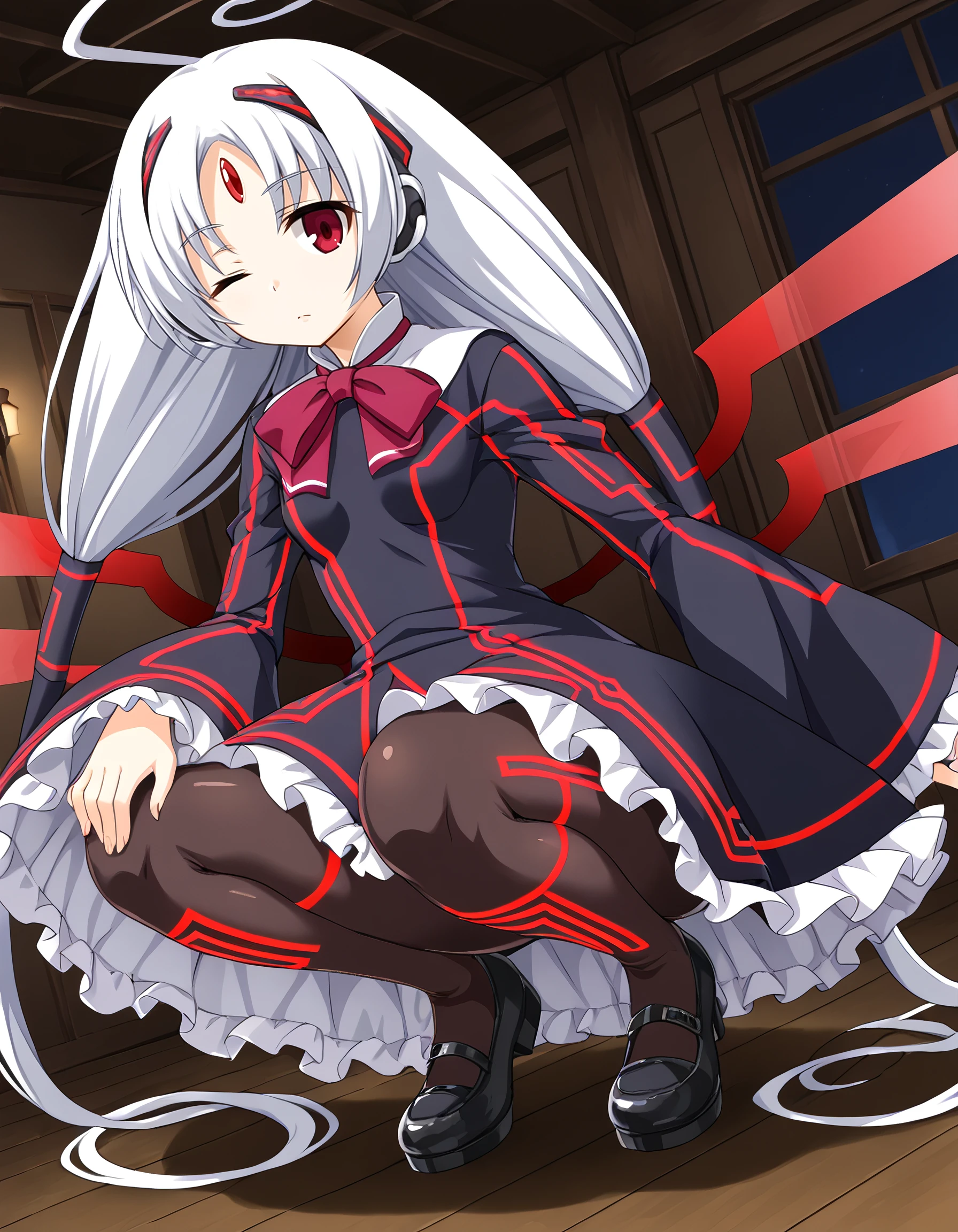 <lora:vatista_under_night_in-birth:1> vatista_under_night_in-birth, long_hair, white_hair, red_eyes, forehead_jewel, twintails, huge_ahoge, hair_tubes, dress, wide_sleeves, frilled_dress, neon_trim, wings, pantyhose, black_dress, long_sleeves, 1girl, solo,...