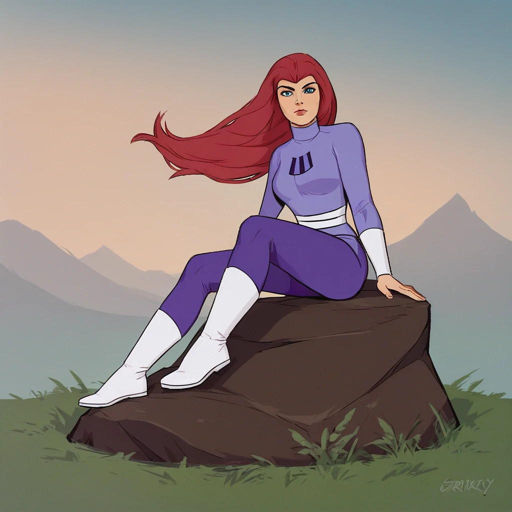 score_9_up, score_8_up, BREAK, GravityGirl, 1girl, solo, red hair, long hair, blue eyes, purple bodysuit, white footwear, <lora:GravityGirl_HannaBarbera_PXL_Leaf2:1>, outdoors, sitting on rock,