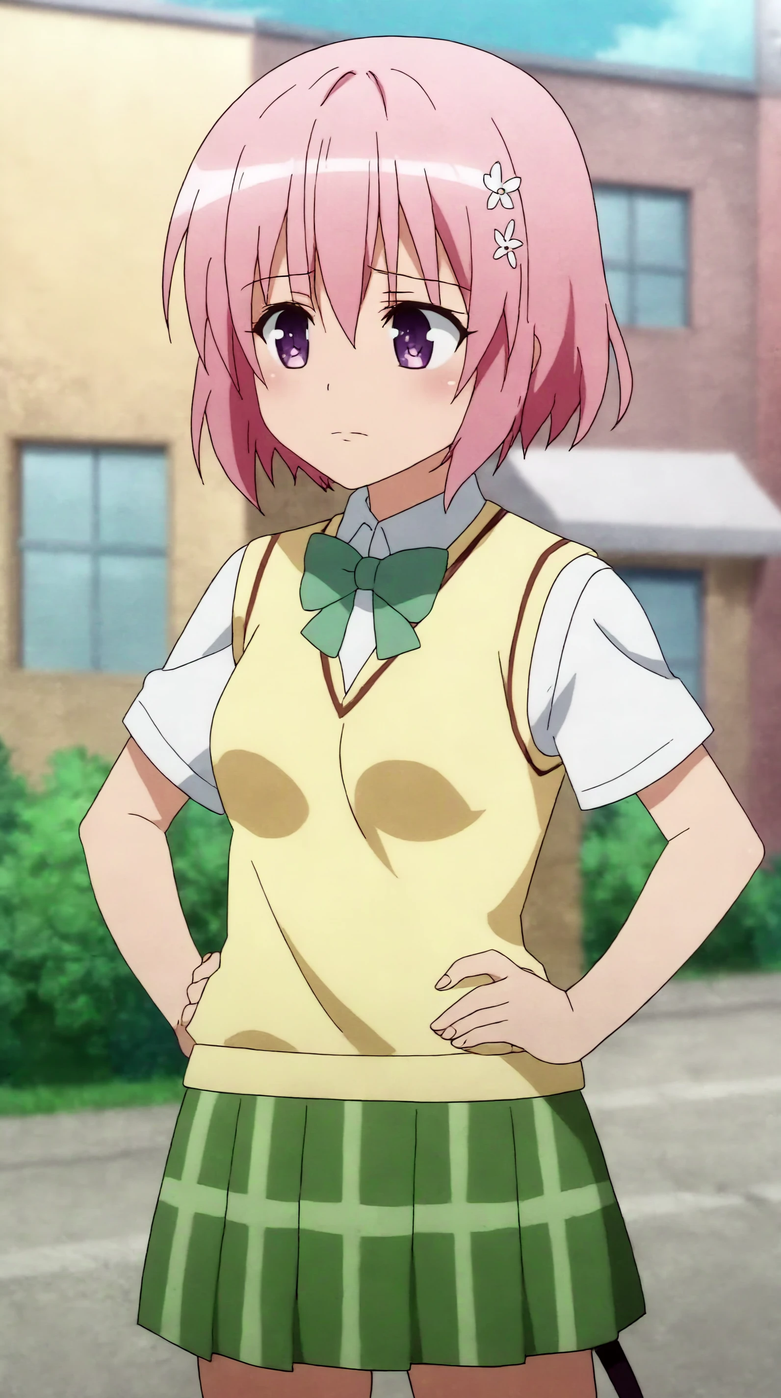 score_9, score_8_up, score_7_up,anime_source, source_anime, best background, detailed background, anime screencap  Momo Deviluke, Student Uniform, solo, outdoors, hands on hips, shy,   <lora:JN_Momo_Deviluke_Pony:0.8>