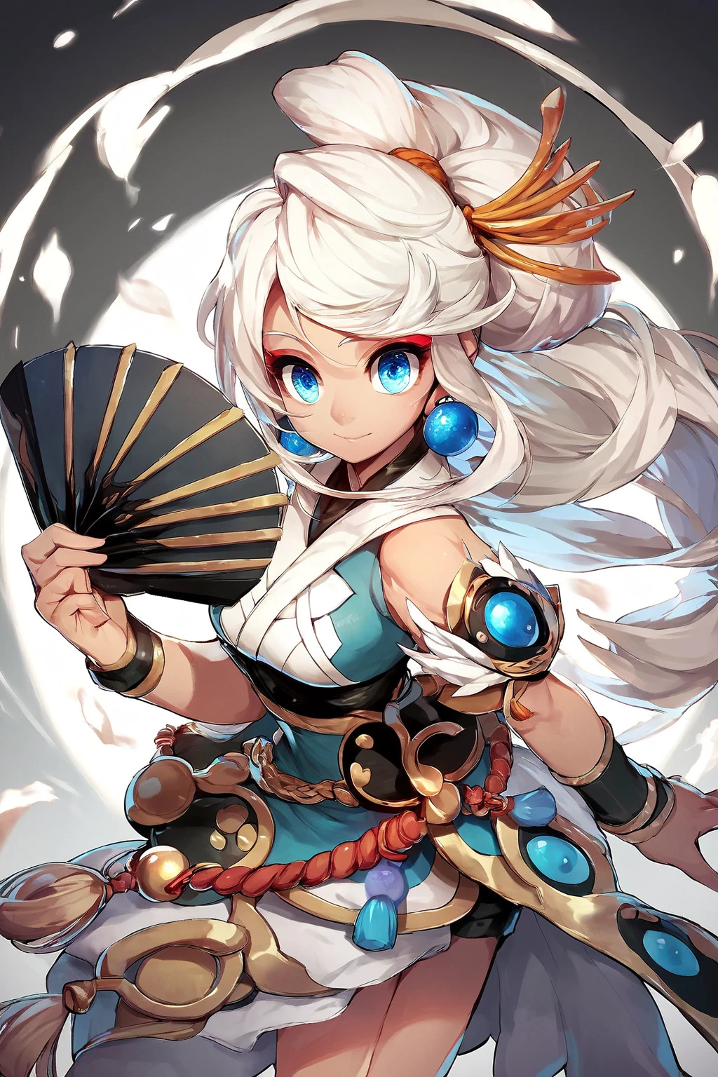 score_9, score_8_up, score_7_up, score_6_up, score_5_up, score_4_up, solo, GCRin, white hair, blue eyes,  angel wings, ear rings, long hair, 1girl, human, <lora:Rin - Grand Chase:1>, holding fan