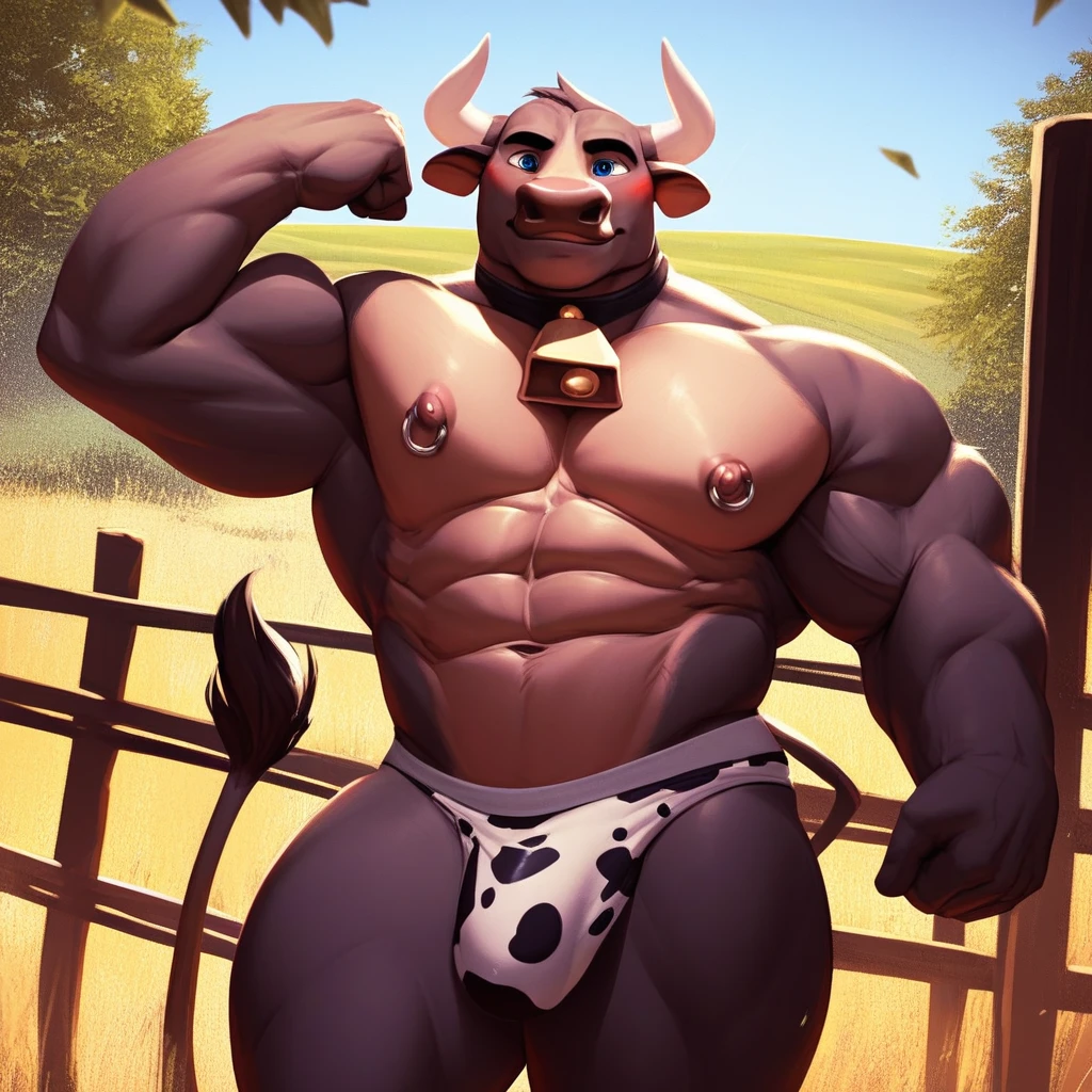 score_9, score_8_up, score_7_up, 2k, 4k, high res, 2d (artwork) cartoon style, Doggonut, no humans, 1boy, solo, furry, bovine, anthro, cow anthro, black and white body, bara, older, mature, male, thick thighs, blue eyes, wide hips, voluptuous, blushing, smiling, sexy, standing, speedo, cowbell choker, large bulge, muscular male, abs, large pectorals, big nipples, nipple piercings, farm background, outside, flexing, score_9, score_8_up, score_7_up, score_6_up, score_5_up, score_4_up, top pov