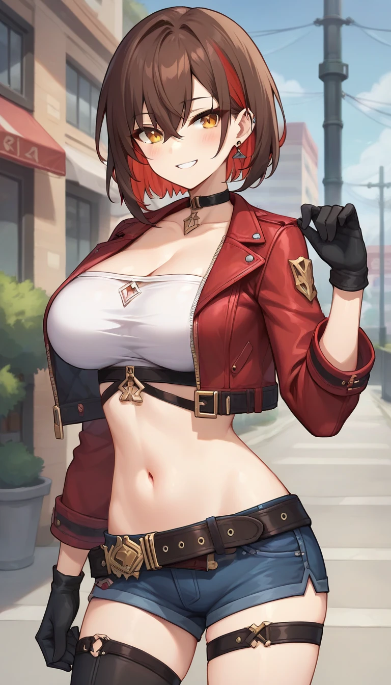 score_9,score_8_up,score_7_up,score_6_up BREAK official art,solo,outdoors,upper body,(portrait:1.5),looking at viewer,facing viewer,smile,blush,Ming,short hair,brown hair,streaked hair,colored inner hair,red hair,jewelry,earrings,hair between eyes,bangs,orange eyes,black choker,collarbone,cleavage,red jacket,cropped jacket,open jacket,midriff,tube top,zipper,long sleeves,black gloves,large breasts,stomach,navel,belt,denim shorts,short shorts,thigh strap,single thighhigh,black thighhighs,high heel boots,black footwear,<lora:Ming(Strinova)-Pony:1.2>,