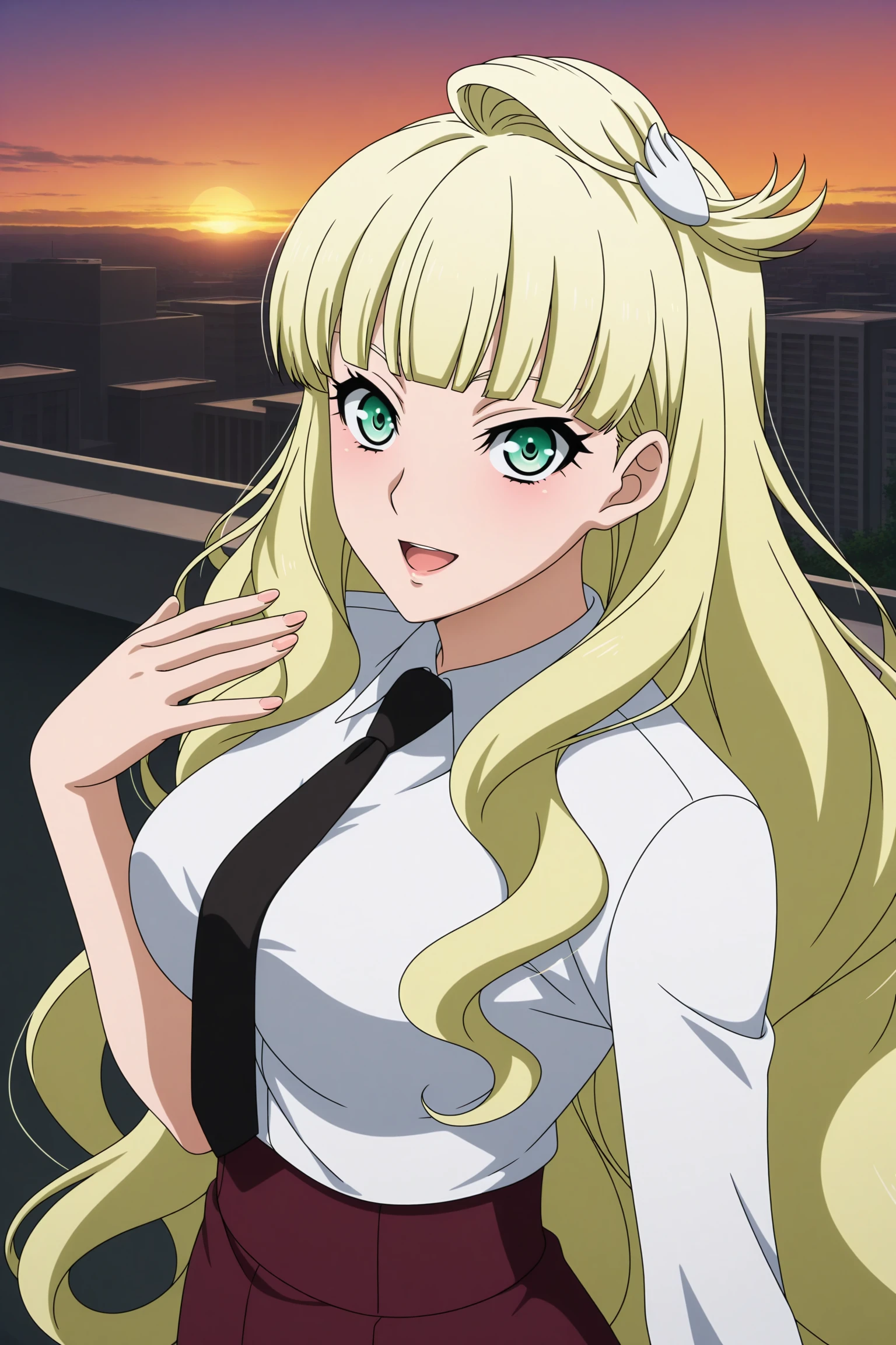 masterpiece, best quality, amazing quality, highres, absurdres, very aesthetic, high resolution, ultra detailed, perfect details, 1girl, outdoors, city, rooftop, sunset, medium breasts, emilia edelman, blonde hair, very long hair, wavy hair, low twintails, sidelocks, blunt bangs, topknot, hair ornaments, blue eyes, white shirt, collared shirt, black necktie, purple skirt, pencil skirt, white thighhighs, black footwear, knee boots, <lora:Emilia_Edelman_ILXL:0.8>, (aged up:1.3), (upper body:1.6), (anime coloring:1.5), (anime screencap:1.5), smile, open mouth, (pose:1.3), looking at viewer