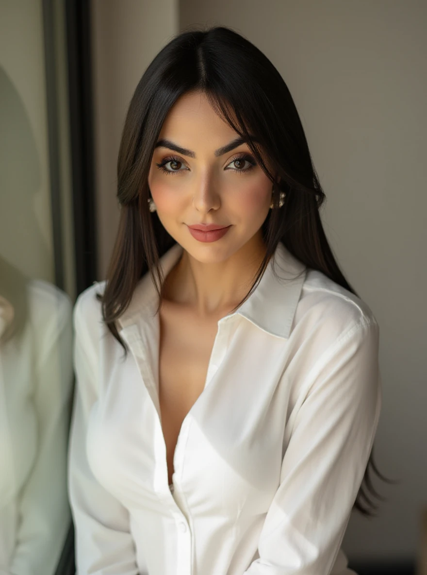 portrait of nyv13st3ph4n woman, posing on a office, glass window, serene and warm, natural lighting, soft focus, high-resolution, elegant and introspective atmosphere, quiet sophistication, wearing a white shirt all buttons closed, slight smile, makeup

