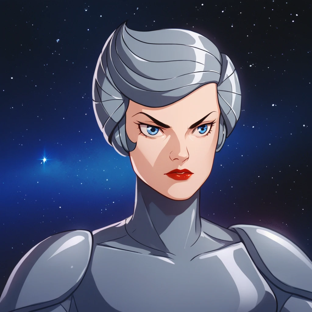 score_9_up, score_8_up, BREAK, SteelHeart, 1girl, solo, silver hair, short hair, blue eyes, lipstick, silver bodysuit, upper body,  <lora:SteelHeart_SilverHawks_PXL_Leaf1:1>, outdoors, space,