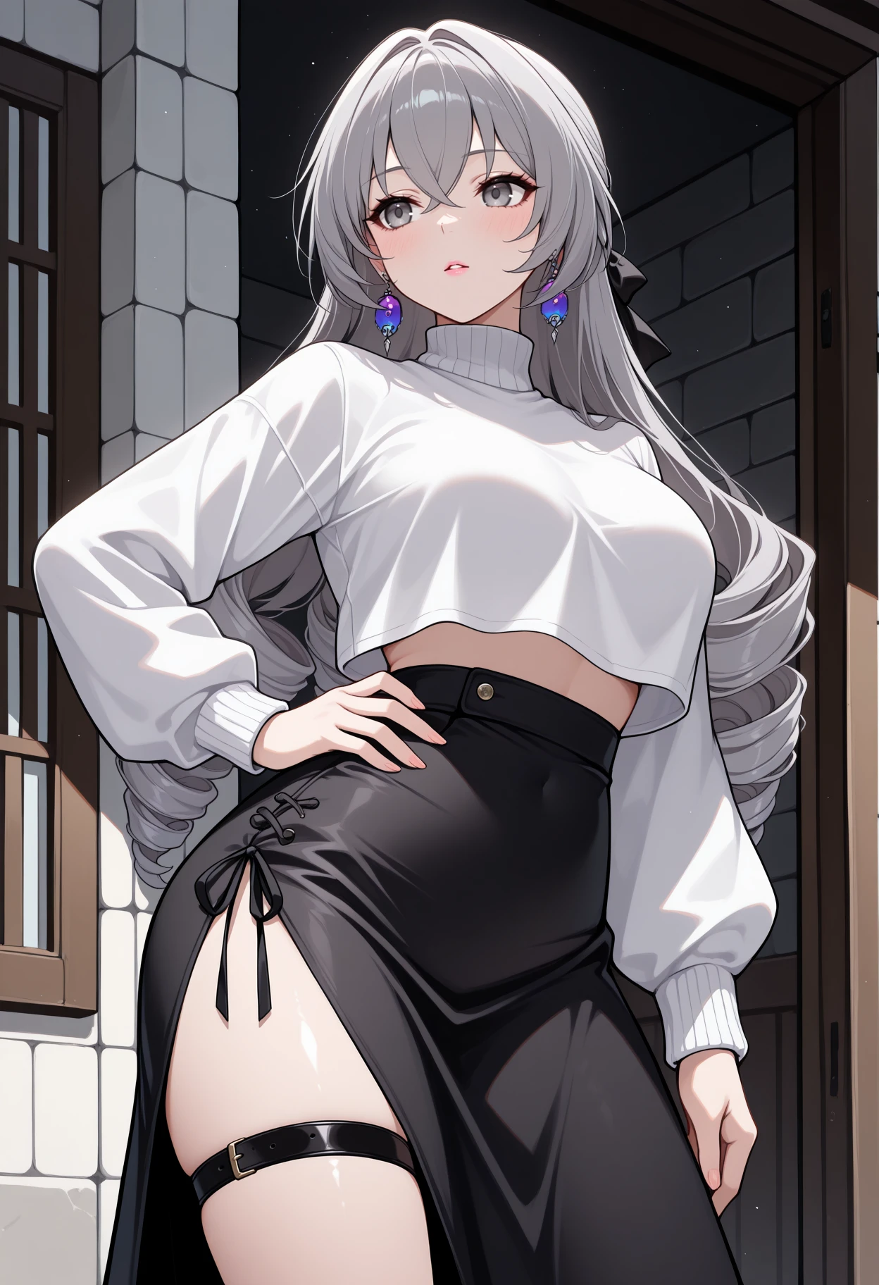 masterpiece, best quality, 1girl, solo, BronyaRand, grey eyes, grey hair, long hair, drill hair, hair bow, black bow, earrings, turtleneck, crop top, crop top overhang, white sweater, long sleeves, midriff peek, high-waist skirt, black skirt, long skirt, side slit, thigh strap, hand on hip, arm down, contrapposto, blush, parted lips, pink lips, bedroom eyes, outdoor, <lora:ChamBronyaRandIllustriousXL:1>