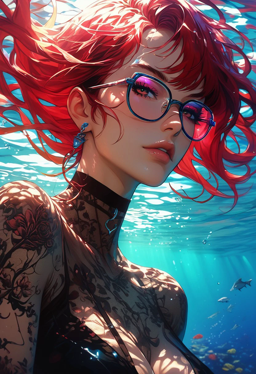 score_9, score_8_up, score_7_up, score_6_up, 
1girl, beautiful, sexy,  seductive eyes, shiny skin, see through dress, red hair, glasses, half naked
neon, futuristic, underwater, colorful sky, daylight, 
sinozick style, g4n1m3, fantasy, perfect quality, high quality, colorful background, detailed, detailed dark anime sketch.