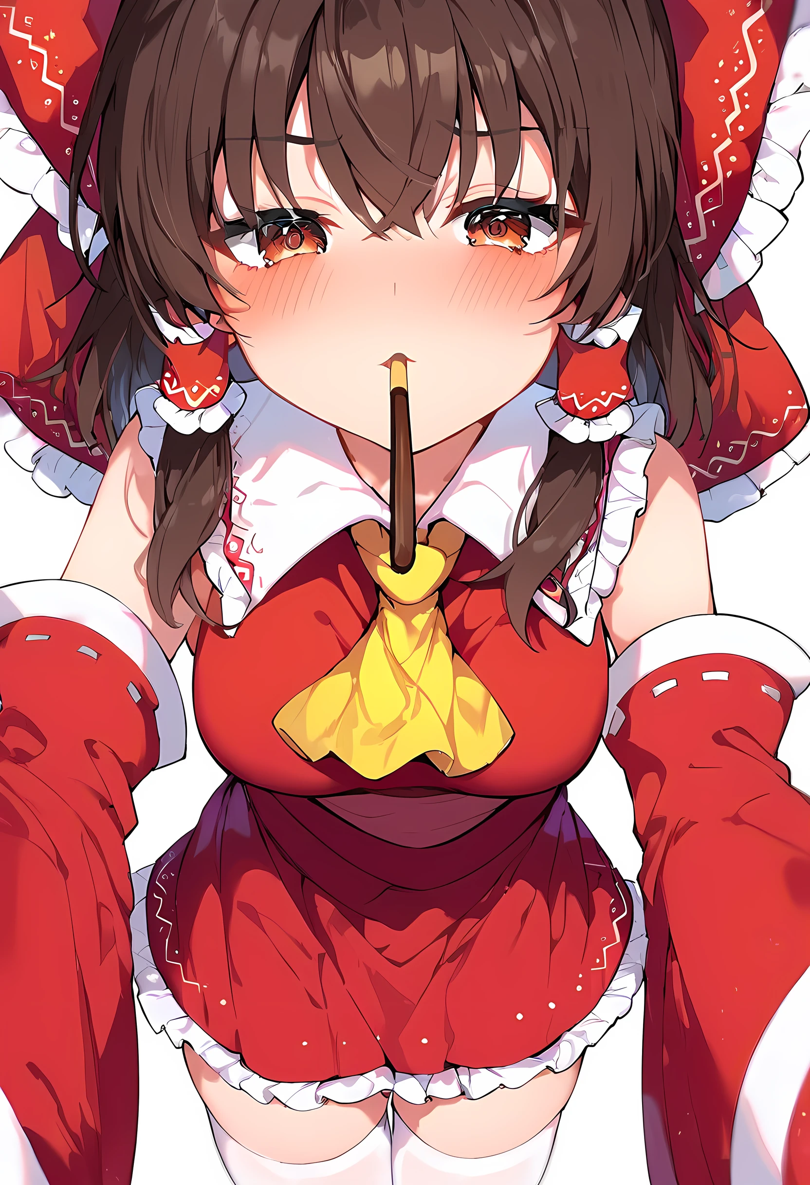 score_9, score_8_up, score_7_up, 1girl, hakurei reimu, brown hair, ascot, bow, detached sleeves, frilled bow, red bow, frill collar, shirt, skirt, blush, white thighhighs, pocky kiss, pov, look at viewer, standing, close eyes,  <lora:Incoming_pocky_kiss:1>