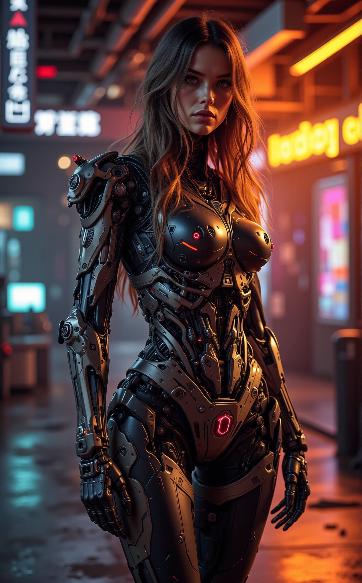 cyborg, exosuit, mech, futuristic, Off-center composition, warm spotlight with cooler ambient background, female, 20 y.o, long hair, film grains, cinematography, high resolution, highly detailed, ethereal atmosphere, misty, soft light, cybernetic implants, synthetic limbs, cyberpunk, knva, cyborg, surreal, iridescent, futuristic, cinematic film still stained glass style dark art by Thom Mayne, cartoon art by Alex Hirsch, vibrant, Cartoon animation, supernatural themes, quirky humor, mystery elements, Modernism, avant-garde, innovative structures . vibrant, beautiful, translucent, intricate, detailed . shallow depth of field, vignette, highly detailed, high budget, bokeh, cinemascope, moody, epic, gorgeous, film grain, grainy