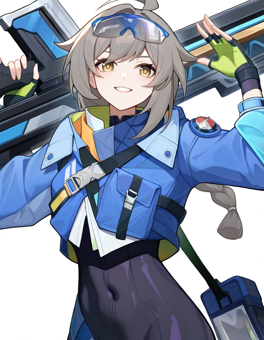 xinxia03, 1girl, solo, grey hair, braid, gloves, fingerless gloves, long hair, white background, weapon, cropped jacket, bodysuit, blue jacket, jacket, ahoge, simple background, smile, looking at viewer, green gloves, single braid, eyewear on head,
<lora:xinxia_noob2>,masterpiece,best quality,very aesthetic,absurdres,