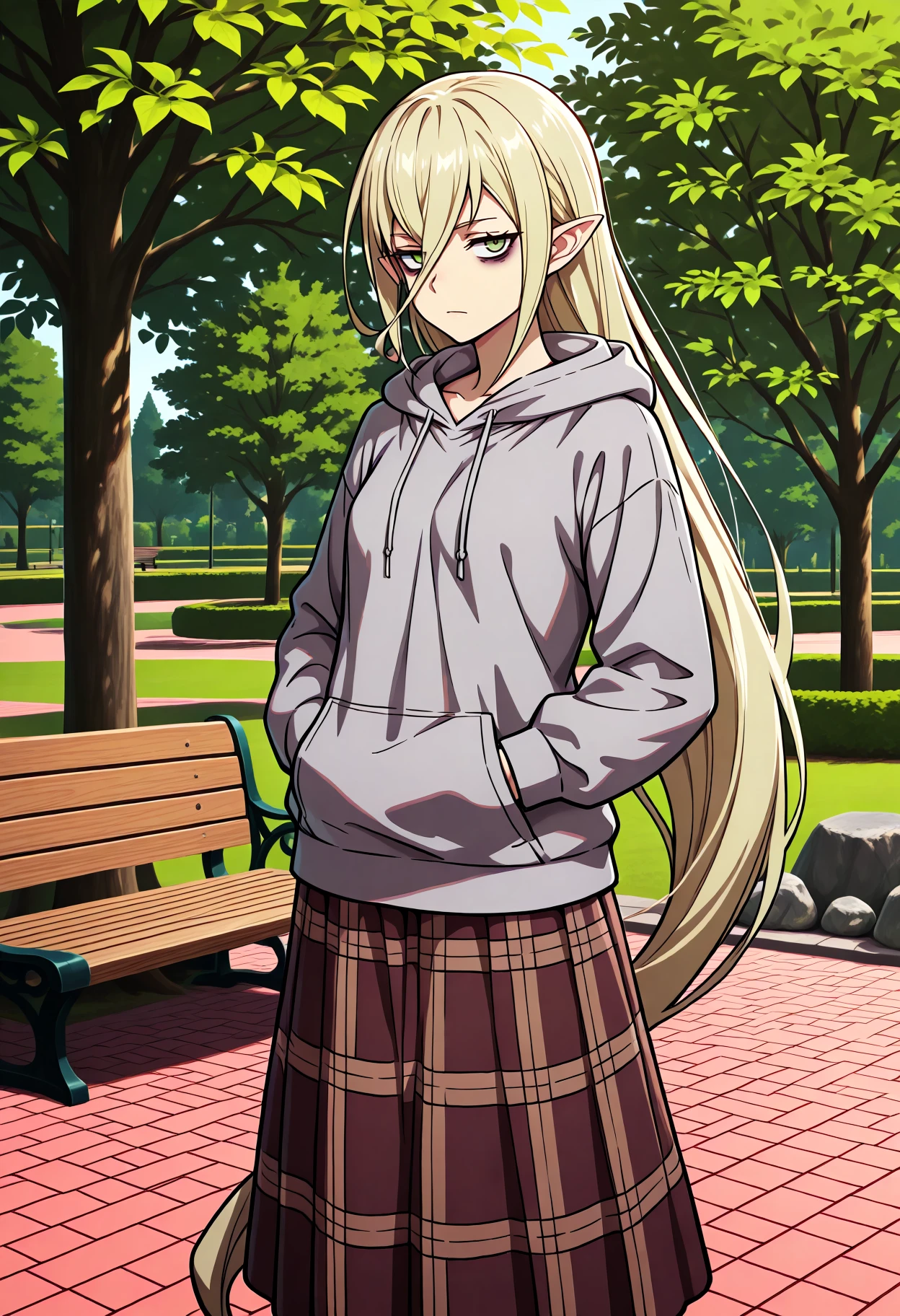 masterpiece, best quality, 1girl, solo, M4gil0u, green eyes, pointy ears, blonde hair, very long hair, hair between eyes, grey hoodie, hands in pockets, brown skirt, plaid skirt, long skirt, looking at viewer, tired, bags under eyes, expressionless, outdoors, park, standing, bench, tree, rock <lora:ChamMagilouIllustriousXL:1>