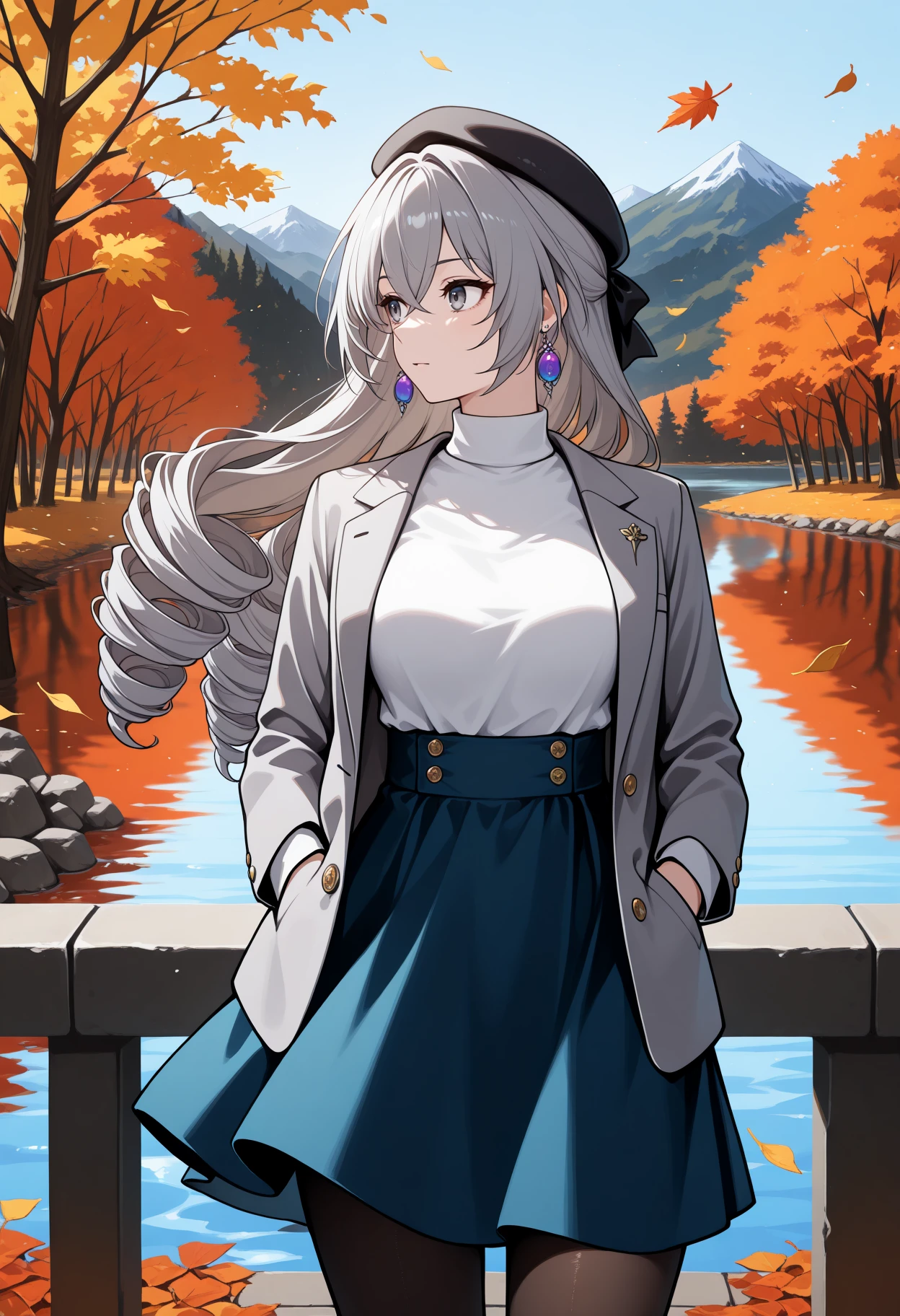 masterpiece, best quality, 1girl, solo, BronyaRand, grey eyes, grey hair, long hair, drill hair, hair bow, black bow, earrings, looking to the side, black beret, grey blazer, white turtleneck, high-waist skirt, blue skirt, pantyhose, hands in pocket, outdoors, autumn, lake, tree, mountain, falling leaves, wind, <lora:ChamBronyaRandIllustriousXL:1>