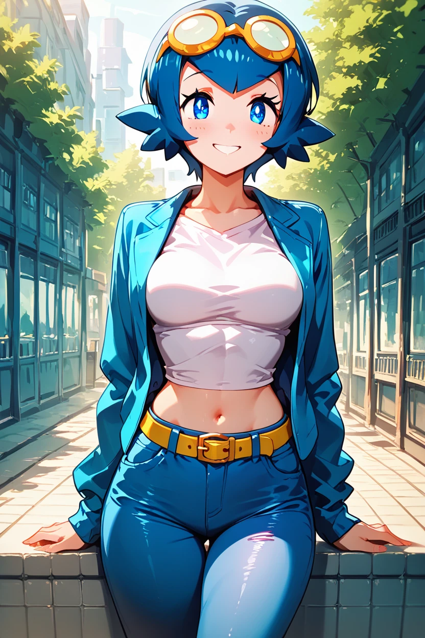 score_9, score_8_up, score_8, medium breasts, (curvy), cute, eyelashes,     ,,, , zzCLana, blue eyes, blue hair, short hair,  white shirt, open clothes, midriff, denim pants, blue jacket, goggles, <lora:CollegeLanaPDXL:1.0>, ,,,, BREAK, smile, looking at viewer, cowboy shot, ,,, embedding:zPDXL, <lora:theButcherXPDXL:0.8>,