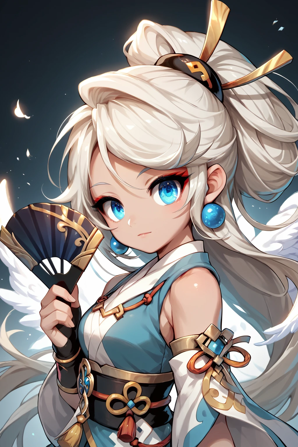 score_9, score_8_up, score_7_up, score_6_up, score_5_up, score_4_up, solo, GCRin, white hair, blue eyes, holding fan, angel wings, ear rings, long hair, 1girl, human, <lora:Rin - Grand Chase:1>