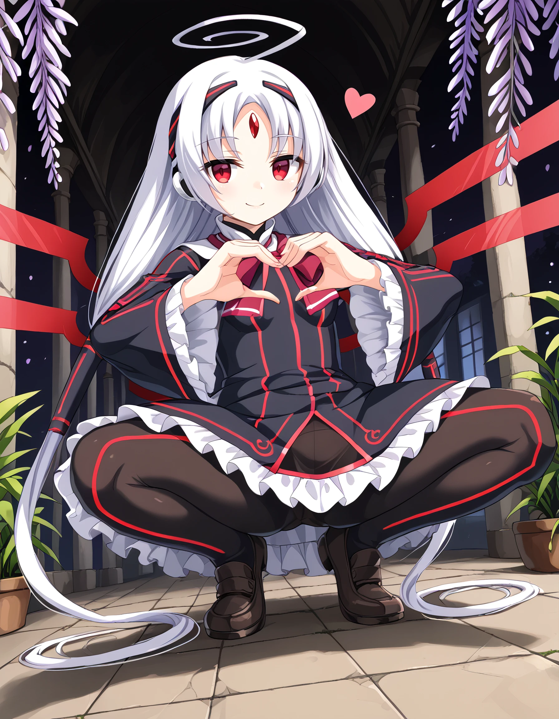 <lora:vatista_under_night_in-birth:1> vatista_under_night_in-birth, long_hair, white_hair, red_eyes, forehead_jewel, twintails, huge_ahoge, hair_tubes, dress, wide_sleeves, frilled_dress, neon_trim, wings, pantyhose, black_dress, long_sleeves, 1girl, solo,...