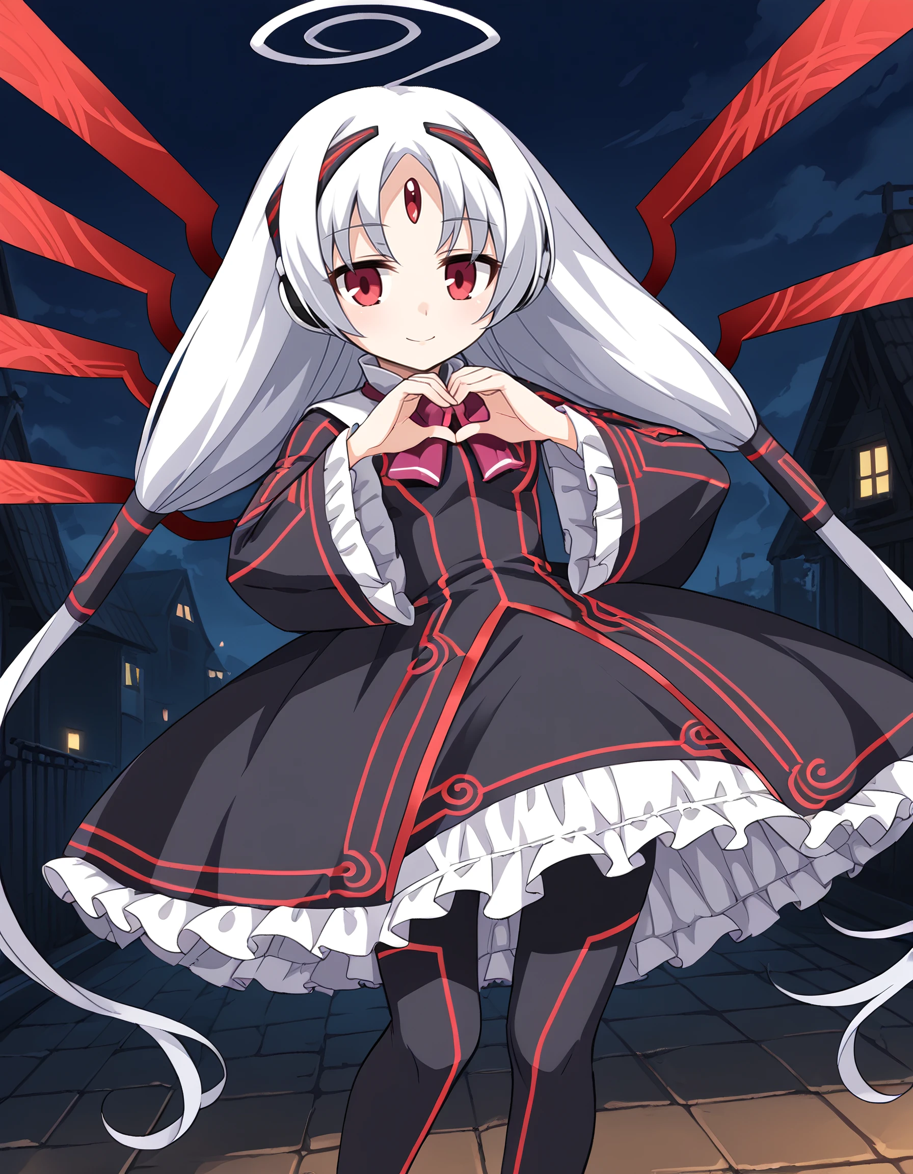 <lora:vatista_under_night_in-birth:1> vatista_under_night_in-birth, long_hair, white_hair, red_eyes, forehead_jewel, twintails, huge_ahoge, hair_tubes, dress, wide_sleeves, frilled_dress, neon_trim, wings, pantyhose, black_dress, long_sleeves, 1girl, solo,...