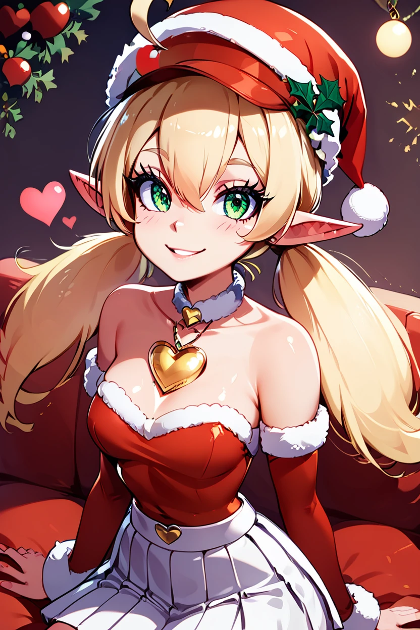 score_9, score_8_up, score_8, medium breasts, (curvy), cute, eyelashes,       ,,, , zzChristmasKlee, green eyes, blonde hair, ahoge, twintails, low twintails, pointy ears, hair between eyes, bare shoulders, santa hat, detached sleeves, christmas, white skirt, pleated skirt, heart,  <lora:KleeAdultChristmasPDXL:0.8>,,,, BREAK, ,,, smile, looking at viewer, blush, blurry, couch, sitting, ,,, shiny skin, <lora:ProAnime_PDXL_v1:0.7>, ,,, embedding:zPDXL, Expressiveh, <lora:SDXLFaeTastic2400:0.5>, <lora:Expressive_H-000001:0.4>,