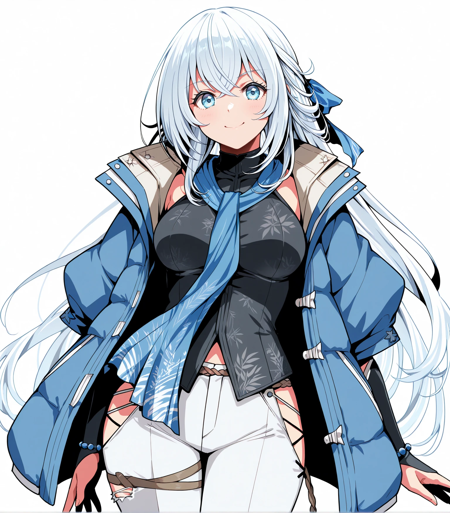 masterpiece, best quality,
1girl, solo,
<lora:ShizunaRemMisurugiK2_Illustrious:1>, Shizuna Rem Misurugi, white hair, long hair, hair ribbon, blue eyes, medium breasts, blue jacket, blue scarf, black top, white pants, torn pants, black boots,
looking at viewer, smile, simple background, white background, front view,