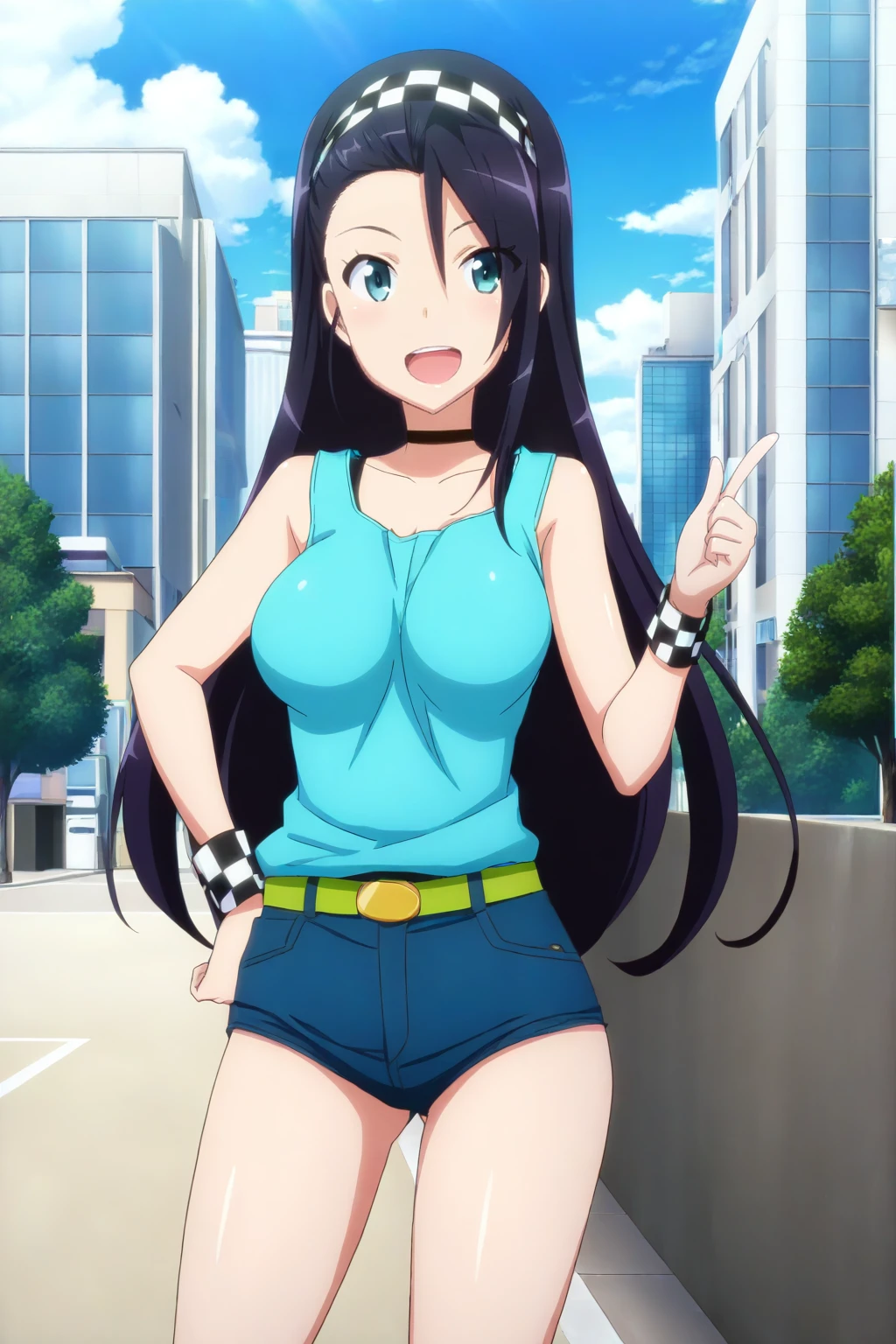 anime screenshot, rail wars!, kashima noa, 1girl, solo, black hair, long hair, forehead, asymmetrical bangs, checkered hairband, aqua eyes, medium breasts, aqua tank top, blue shorts, short shorts, green belt, wristband, checkered wristband, black choker, looking at viewer, smile, open mouth, standing, pointing, hand on own hip, cowboy shot, outdoors, city, road, day, blue sky, masterpiece, best quality, high quality, highres, absurdres, sensitive, <lora:kashima_noa_ILXL:0.9>