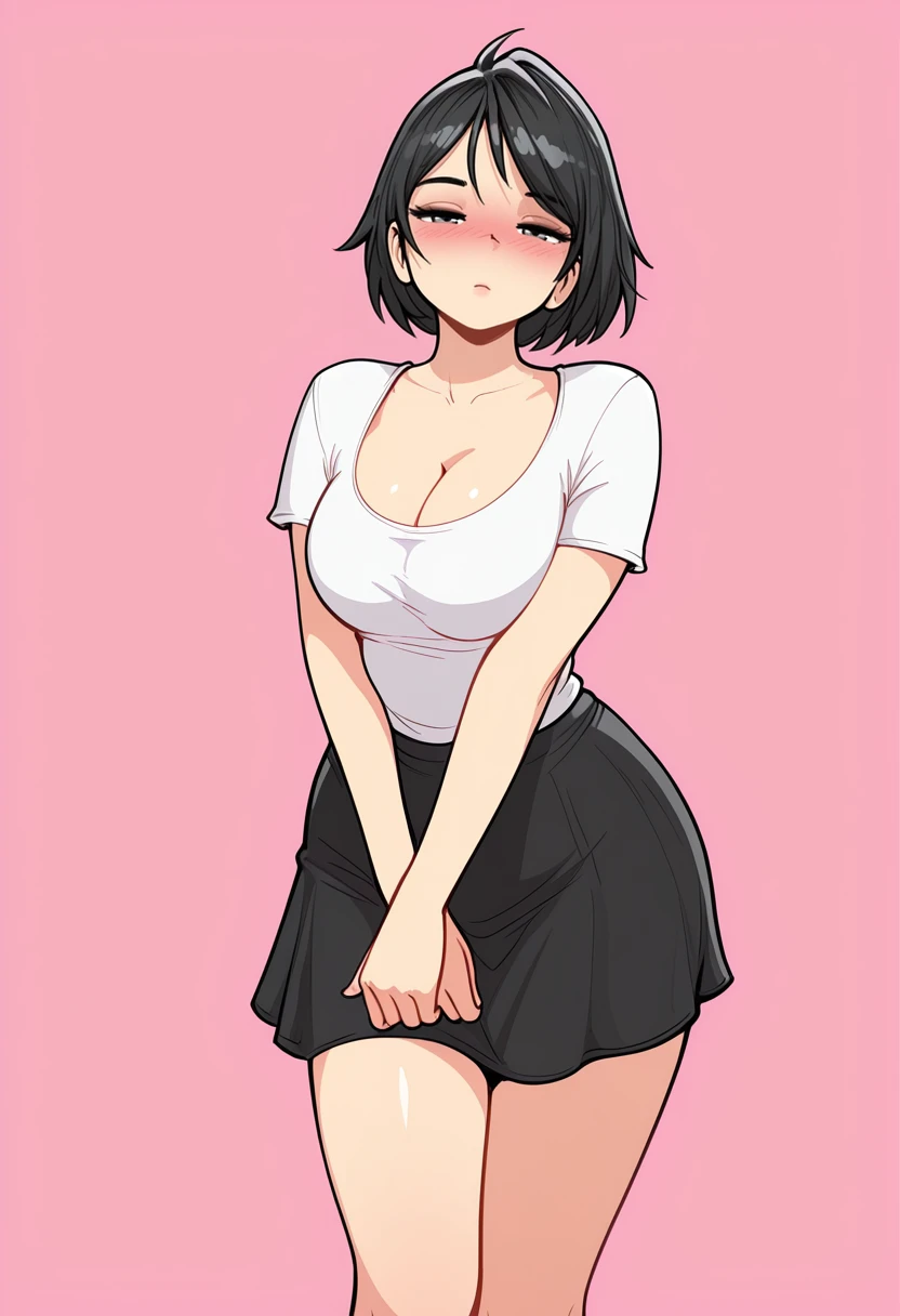 masterpiece, best quality,
1girl, solo,
standing,
looking at viewer, half-closed eyes, blush,
black hair, short hair,
white shirt, short sleeves, cleavage,
black skirt,
pink background, simple background,
 <lora:Lewdua_Style:1> L3wdu4,