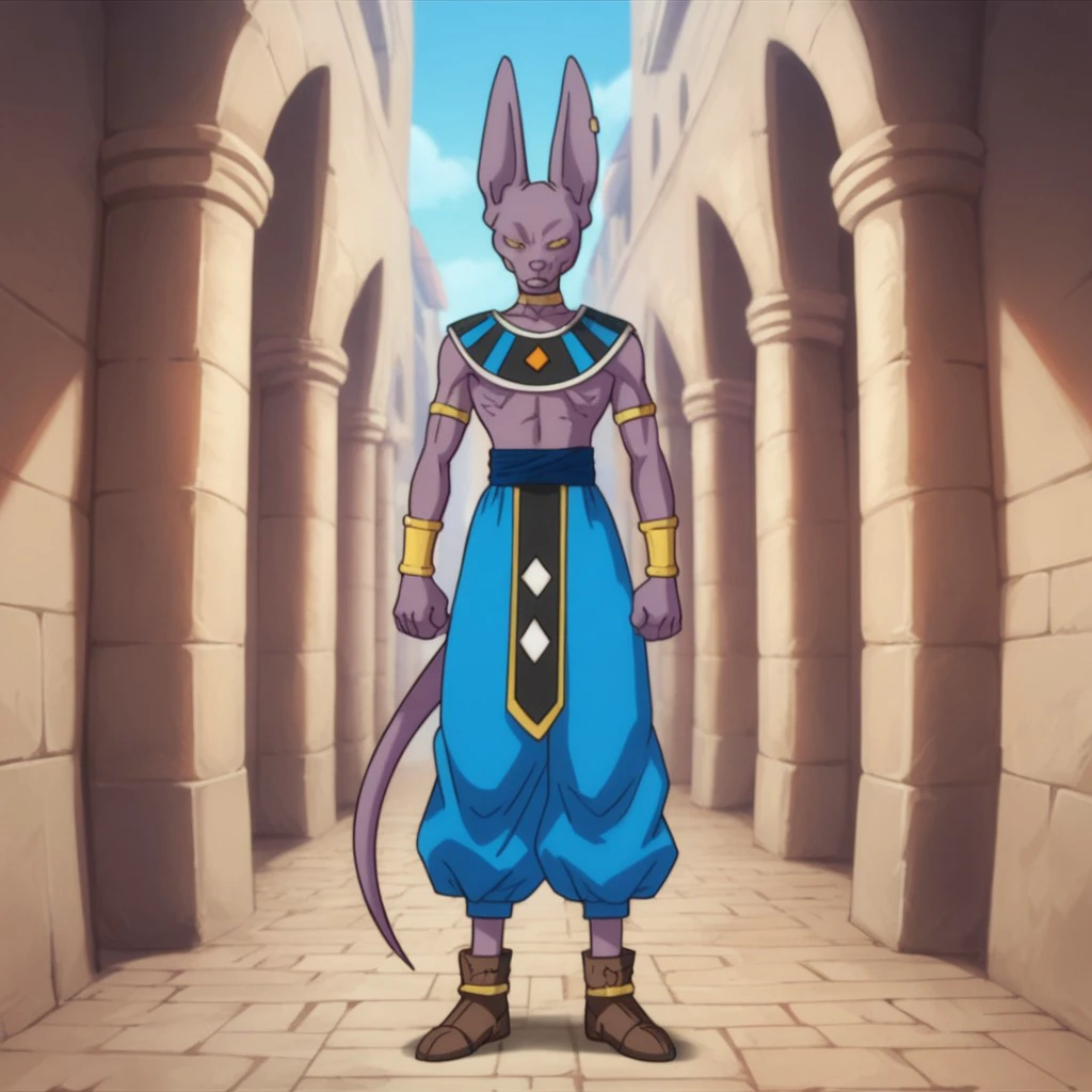 score_9, score_8_up, score_7_up, score_6_up, score_5_up, score_4_up, source_furry, dbbeerus, anthro, male, feline, purple skin, yellow eyes, egyptian clothes, blue pants, brown footwear, jewelry, neck ring, armlet, bracer, bracelet, earring, standing, outside, full body