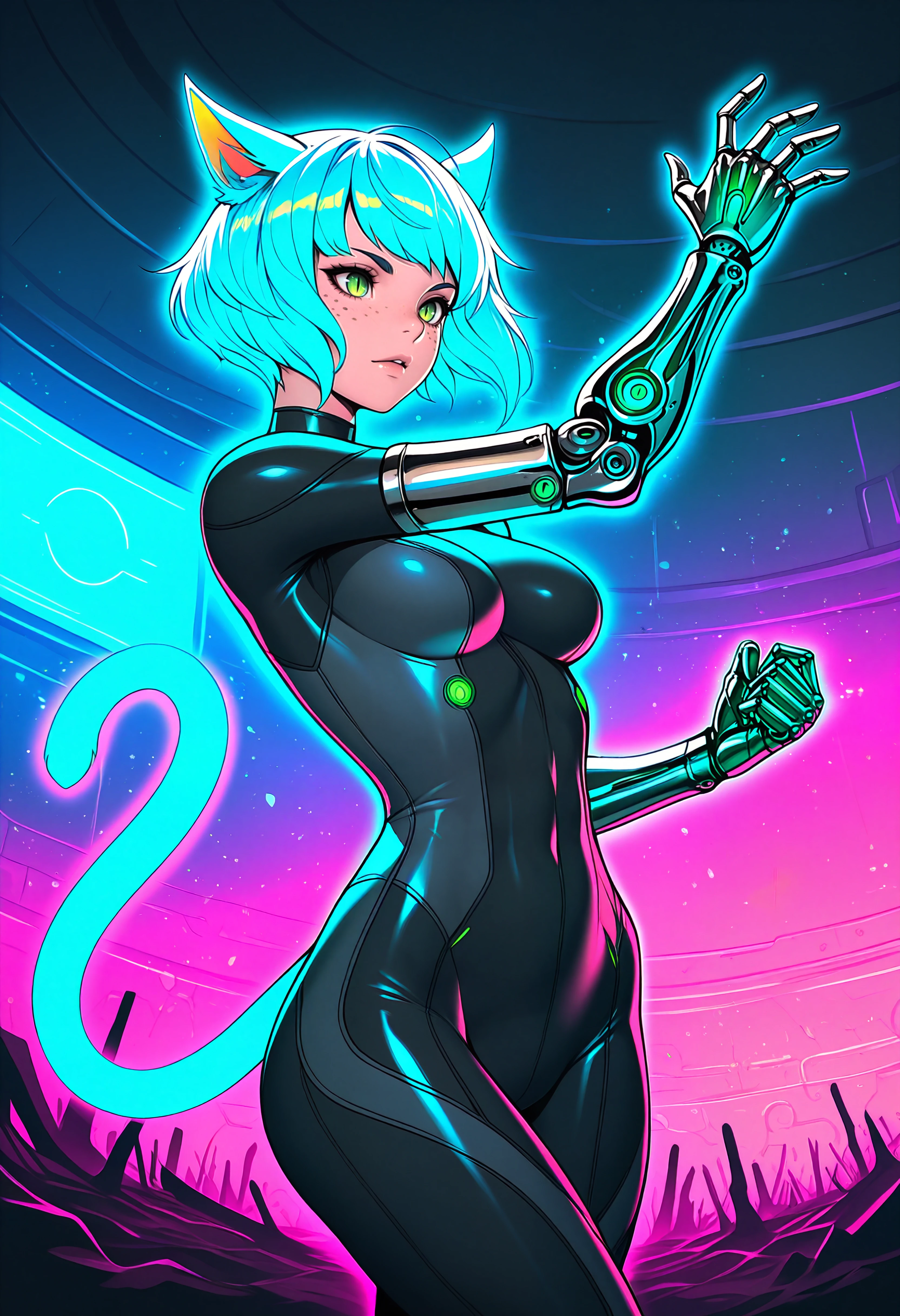 masterpiece, best quality, solo, 1girl, <lora:clamchan_illu:1> animal ears, blue hair, short hair, green eyes, slit pupils, freckles, cat tail, bodysuit, prosthetic arm, graceful, pose, dynamic pose, limited palette, surreal background, colorful, vibrant, glowing outline, neon, blacklight