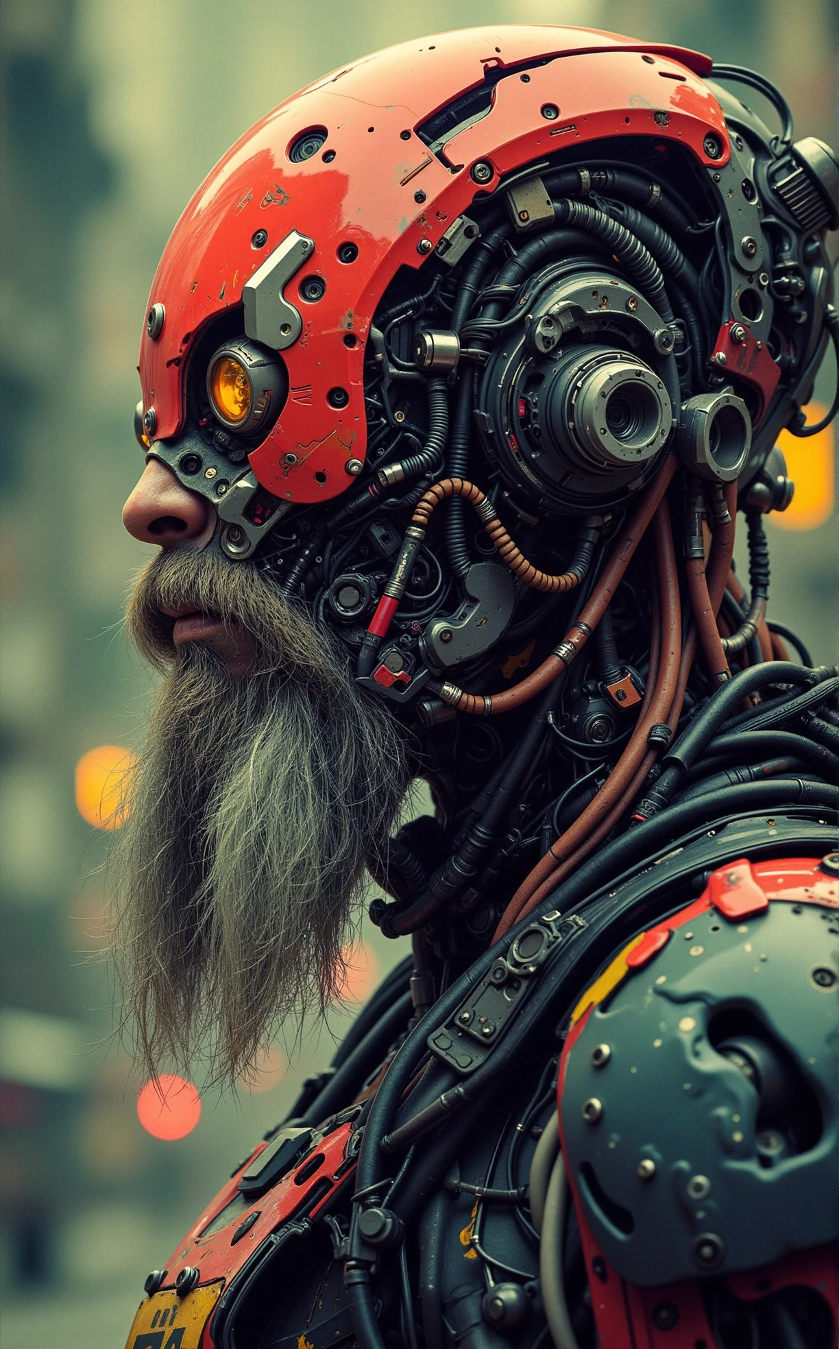 cyborg, exosuit, mech, futuristic, (off-center composition, left aligned, Portrait), an old male cyborg, grizzeld beard, battle worn, bulky power armor, gothic battle field, cinematic film still retro arcade style dark art by Keos Masons, detailed art by Rimel Neffati, vibrant, Abstract expressionism, bold brushwork, emotional intensity, Street art, graffiti, vibrant colors, urban themes . 8-bit, pixelated, vibrant, classic video game, old school gaming, reminiscent of 80s and 90s arcade games . shallow depth of field, vignette, highly detailed, high budget, bokeh, cinemascope, moody, epic, gorgeous, film grain, grainy