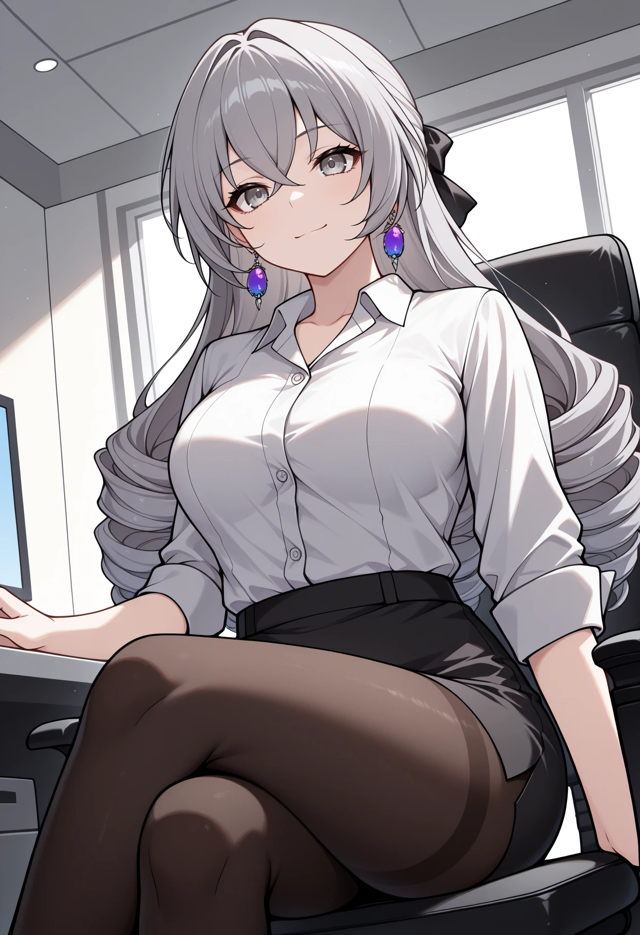 masterpiece, best quality, 1girl, solo, BronyaRand, grey eyes, grey hair, long hair, drill hair, hair bow, black bow, earrings, indoors, office lady, office chair, sitting, crossed legs, miniskirt, black pantyhose, dress shirt, smile, <lora:ChamBronyaRandIllustriousXL:1>