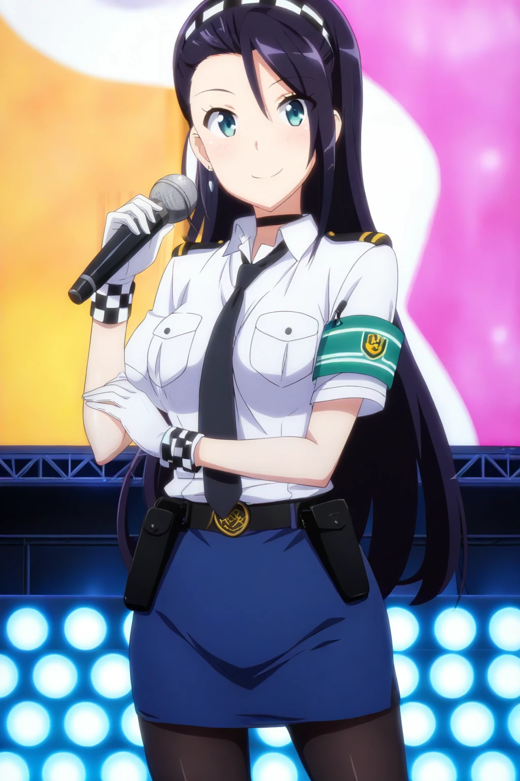 anime screenshot, rail wars!, kashima noa, 1girl, solo, black hair, long hair, forehead, asymmetrical bangs, checkered hairband, aqua eyes, medium breasts, police uniform, white shirt, collared shirt, short sleeves, black necktie, black belt, blue skirt, pencil skirt, green armband, black pantyhose, wristband, checkered wristband, white gloves, black choker, holster, earrings, microphone, holding microphone, looking at viewer, smile, closed mouth, standing, stage, masterpiece, best quality, high quality, highres, absurdres, sensitive, <lora:kashima_noa_ILXL:0.9>