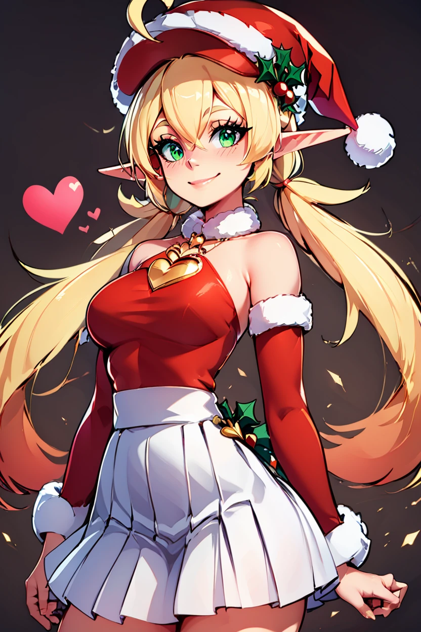 score_9, score_8_up, score_8, medium breasts, (curvy), cute, eyelashes,       ,,, , zzChristmasKlee, green eyes, blonde hair, ahoge, twintails, low twintails, pointy ears, hair between eyes, bare shoulders, santa hat, detached sleeves, christmas, white skirt, pleated skirt, heart,  <lora:KleeAdultChristmasPDXL:0.8>,,,, BREAK, smile, looking at viewer, ,,, abstract background, white outline, cowboy shot, ,,, embedding:zPDXL, Expressiveh, ,,, <lora:CatalystStylePDXL:0.6>, <lora:SDXLFaeTastic2400:0.5>, <lora:Expressive_H-000001:0.4>,