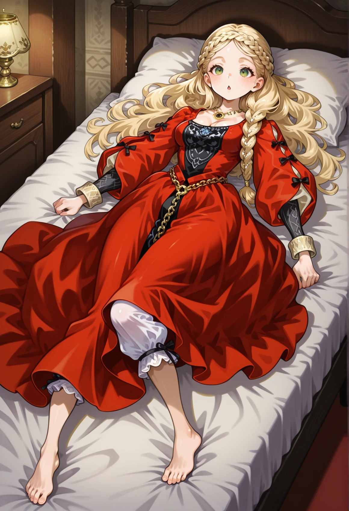 kamitani george, 1girl, green eyes, blonde hair, long hair, braid, crown braid, hair ornament, jewelry, necklace, red dress, long dress, long sleeves, gold chain, indoors, lying, on back, bloomers, barefoot, bed <lora:Vivian_DQ:0.8> aroused, chestnut mouth, medium breasts, masterpiece, best quality, amazing quality, very aesthetic, absurdres, highres, newest