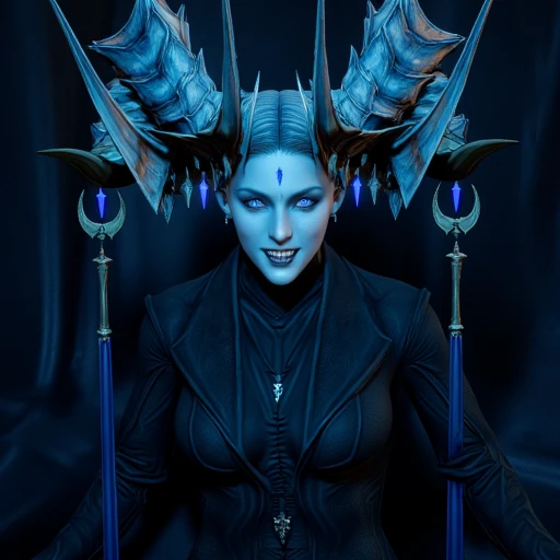 blue demon horns highly detailed photo evil smile no white eyes