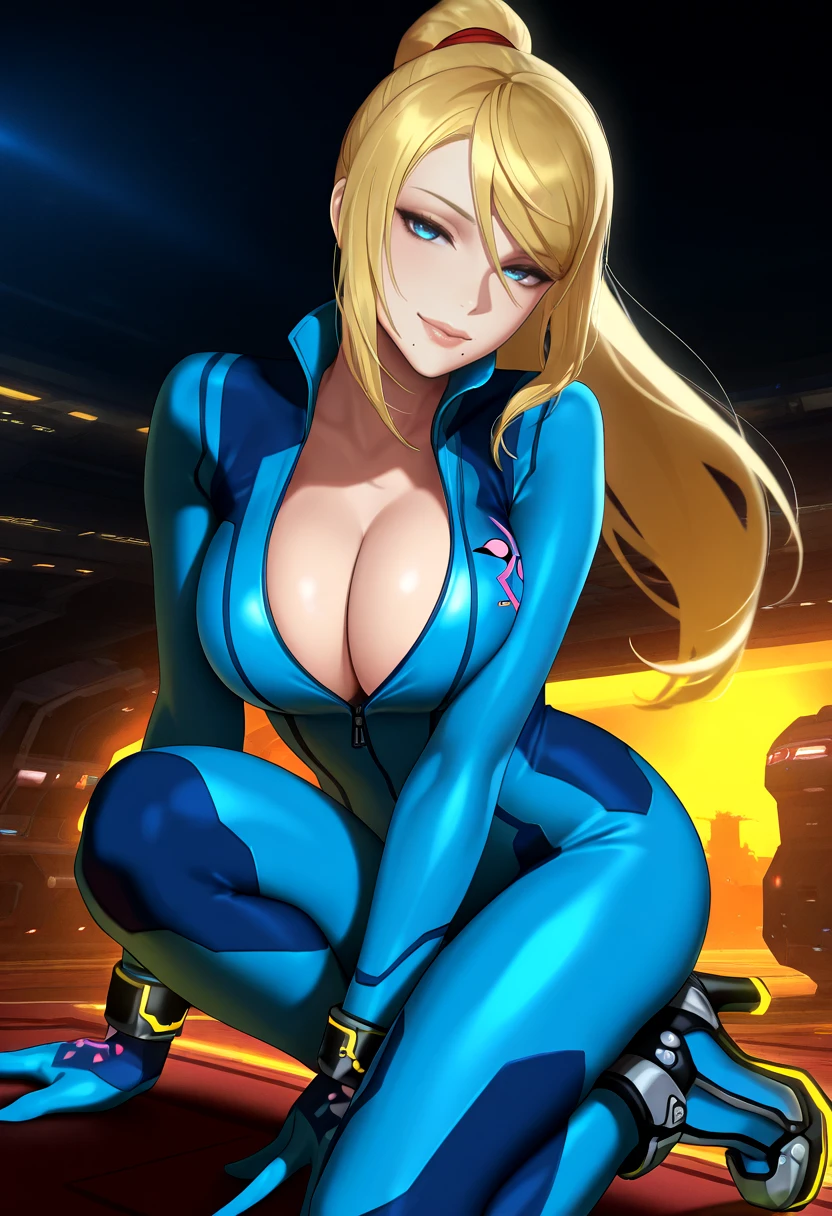 masterpiece, best quality,   <lora:SSB4SamusIllust:1> SSB4ZSS,  blonde hair,blue eyes, ponytail, blue bodysuit, bracelet, high heels, (big breasts:1.4), seductive smile, partially unzipped, cleavage, long hair, puffy lips, lipgloss, mole under mouth, dark, spaceship, , scenery, volumetric lighting,