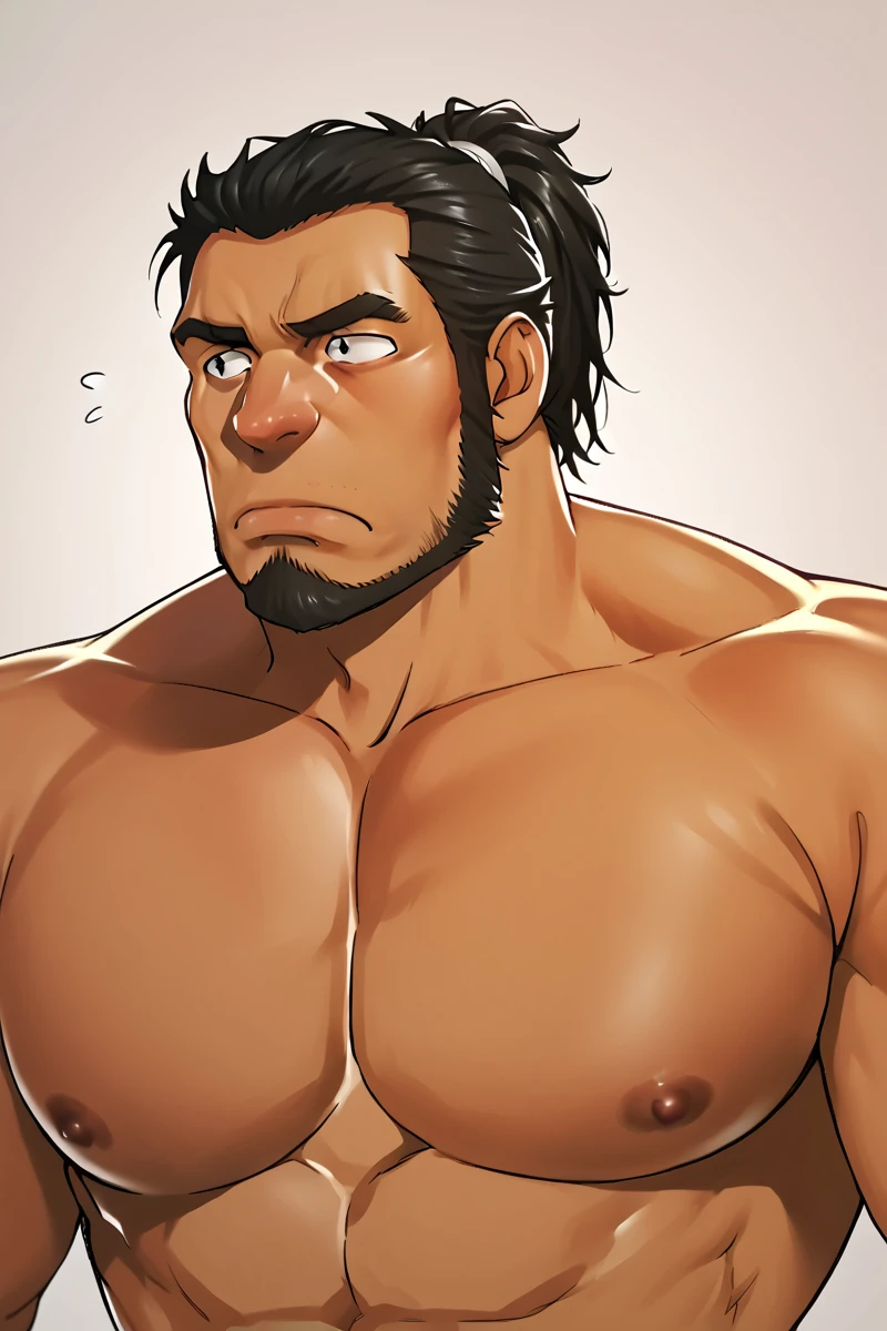 score_7_up, score_6_up, solo, portrait, bust chest up, mature male, dark skinned male, dmishmal, black hair, black eyes, ponytail, short hair, facial hair, beard, long sideburns, pecs, nipples, worried expression, <lora:Rycanthropy_v2:0.8> by rycanthropy, <lora:Berthault_Ishmal _XL:1>