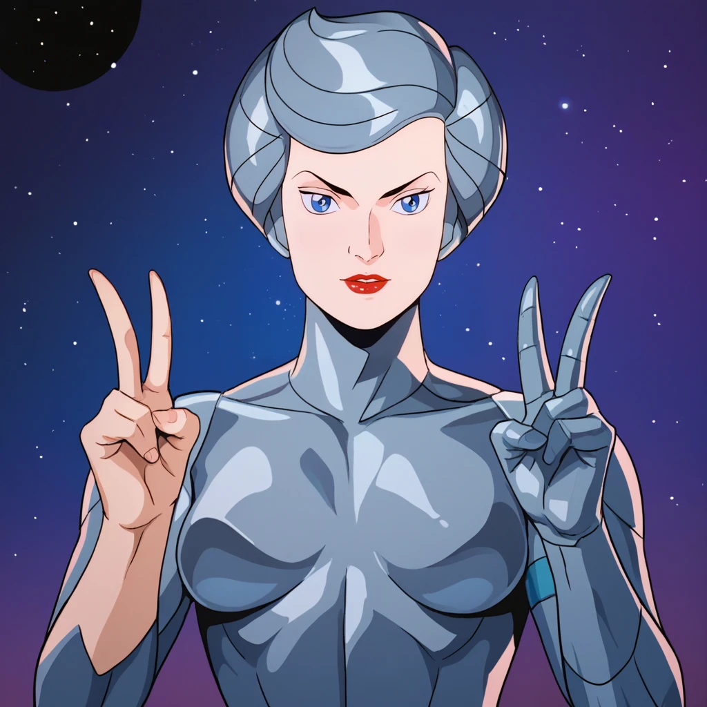 score_9_up, score_8_up, BREAK, SteelHeart, 1girl, solo, silver hair, short hair, blue eyes, lipstick, silver bodysuit, cowboy shot, double v,  <lora:SteelHeart_SilverHawks_PXL_Leaf2_r1:1>, space, retro artstyle,