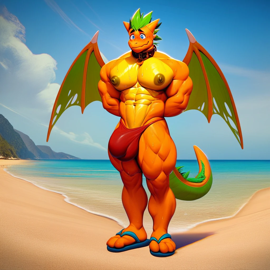 score_9, score_8_up, score_7_up, score_4, score_5, score_6, 2k, 4k, high res, 2d (artwork), cartoon style, no humans, 1boy, solo, Doggonut, furry, anthro dragon, small dragon wings, dragon tail, orange body, green hair, spiked hair, bara, blue eyes, embarrassed smile, sweat, intense blush, arms at sides, sexy, large pectorals, huge nipples, abs, large bulge, thick thighs, dog collar, beach, outside, day, standing, legs, beach sandals, muscular male, male focus, red thong