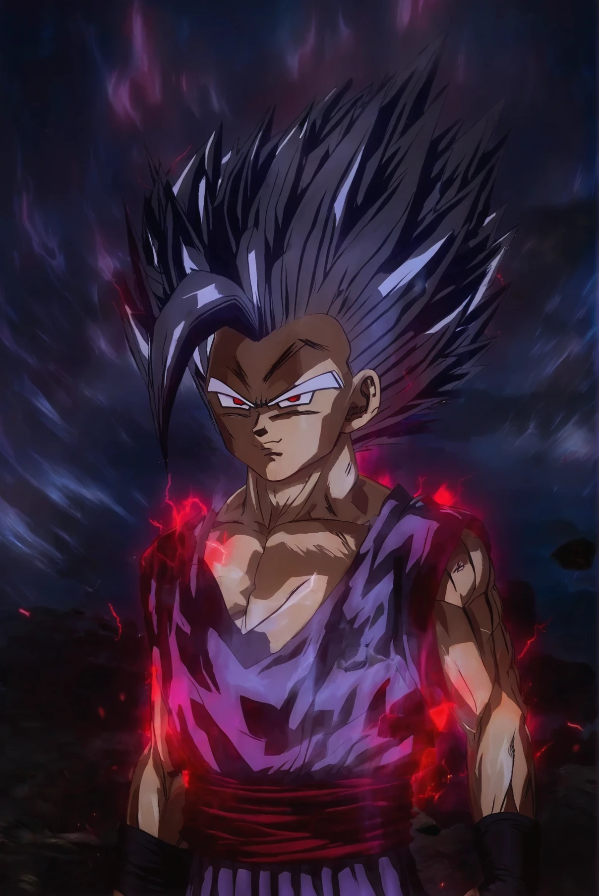 Beast Gohan with spiky long grey hairs and lightning ki aura around his body of red and blue and purple color, standing <lora:Assassin:1> Gohan Beast