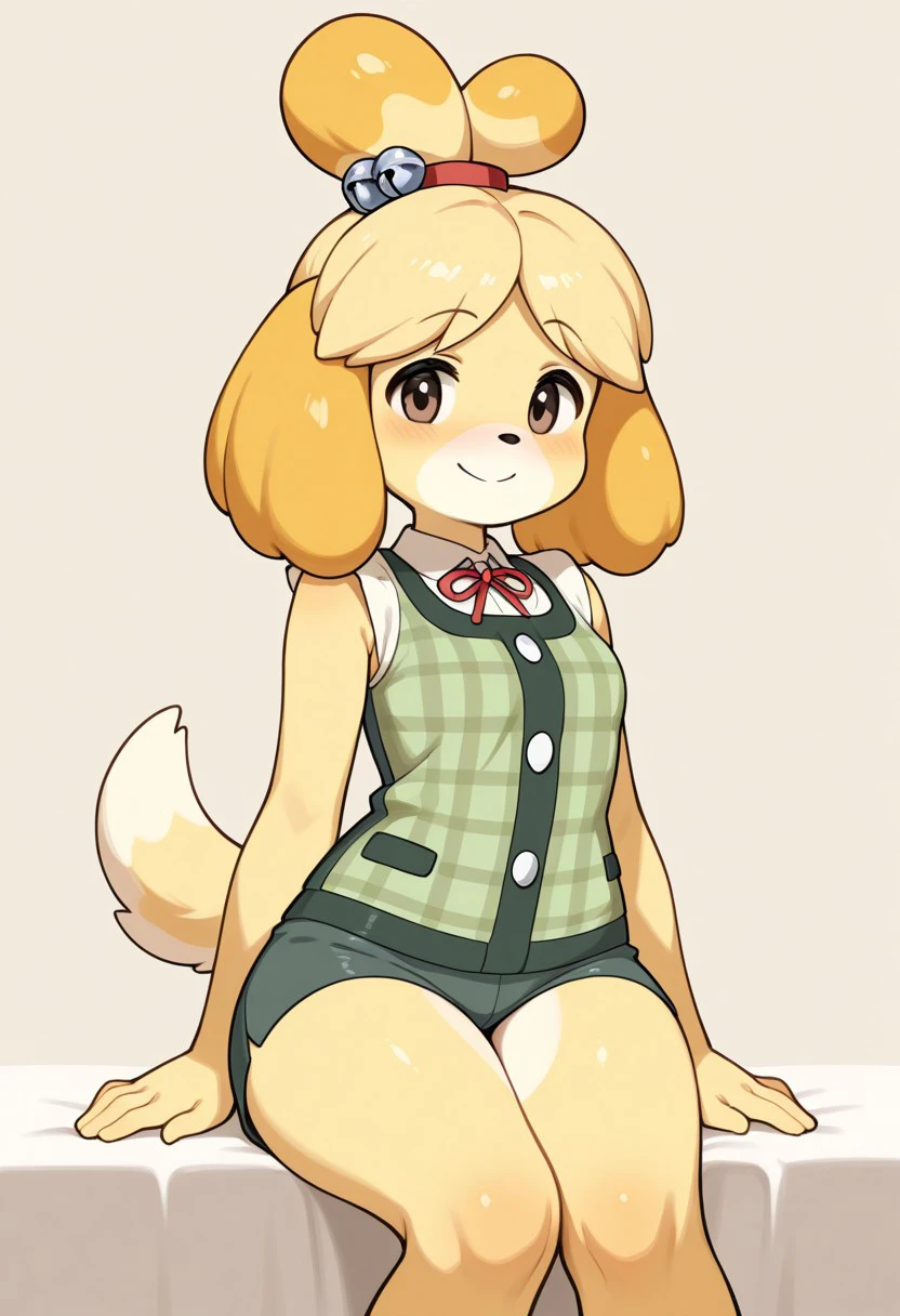 masterpiece, best quality, 32k, high resolution, absurdres, acisabelle, 1girl, tail, solo, blush, looking at viewer, smile, hair bell, thighs, hair tie