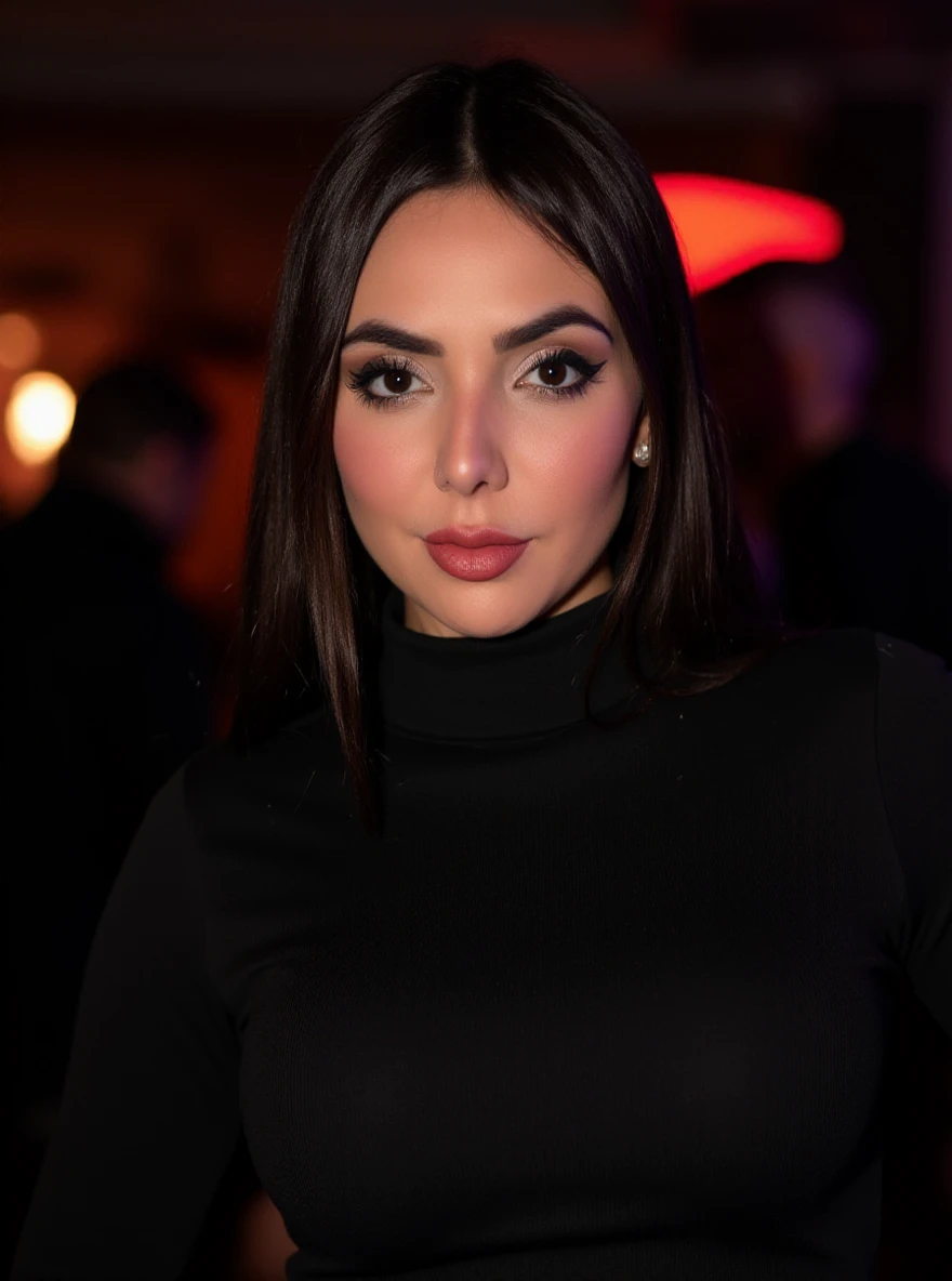 Portrait photo of nyv13st3ph4n woman, black turtleneck blouse, in a night club, makeup

