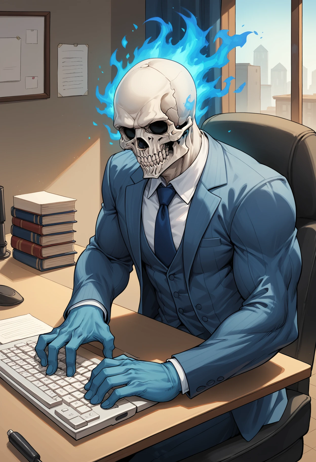 zPDXL3, score_9, score_8_up, score_7_up, (detailed face, detailed body, detailed background, perfect anatomy, masterpiece, high quality, best quality), rating_safe, indoors, office, window, desk, computer BREAK skull head, spiritsuit, blue fire head, muscular, sitting, typing on keyboard, (suit, tie) <lora:detailed_notrigger:1> <lora:SpiritSuit_MarvelsSpider-Man_V1:0.8> <lora:hand 4:1>