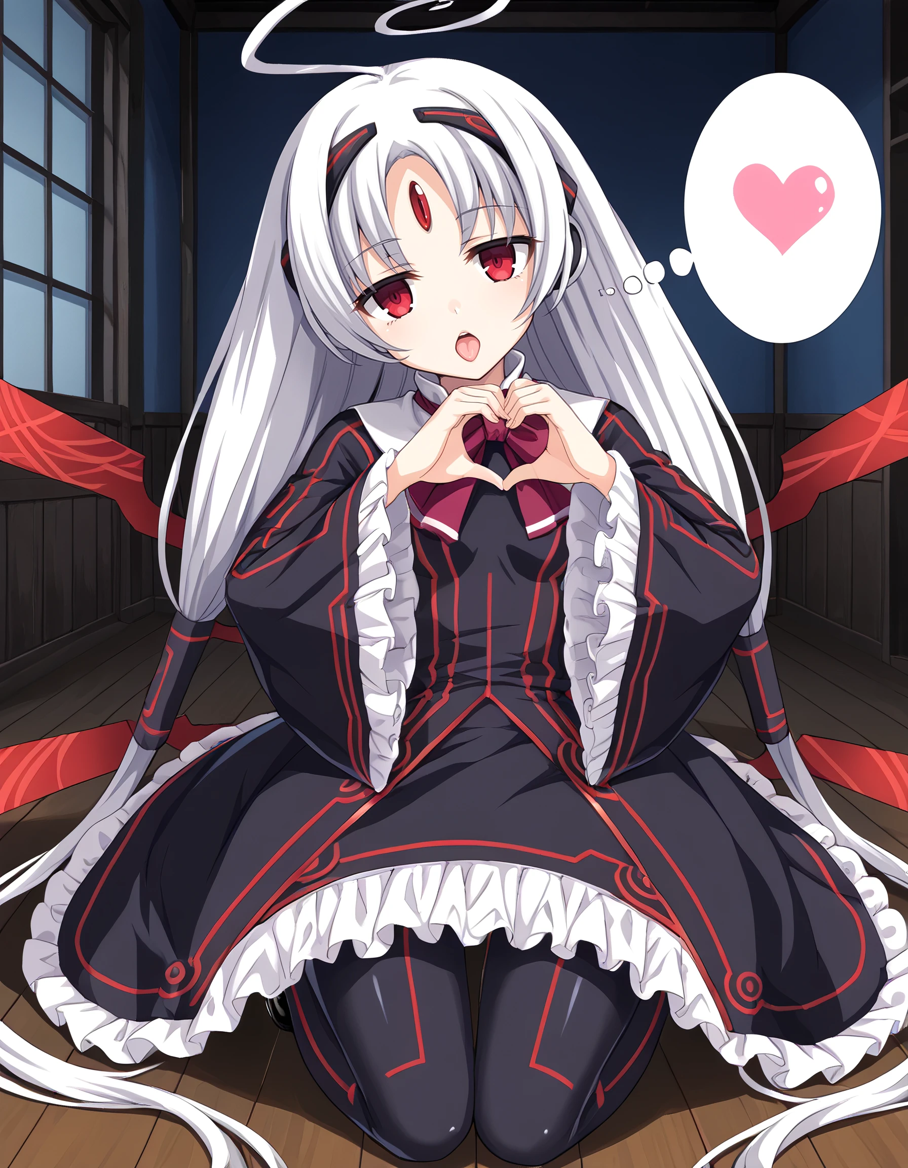 <lora:vatista_under_night_in-birth:1> vatista_under_night_in-birth, long_hair, white_hair, red_eyes, forehead_jewel, twintails, huge_ahoge, hair_tubes, dress, wide_sleeves, frilled_dress, neon_trim, wings, pantyhose, black_dress, long_sleeves, 1girl, solo,...