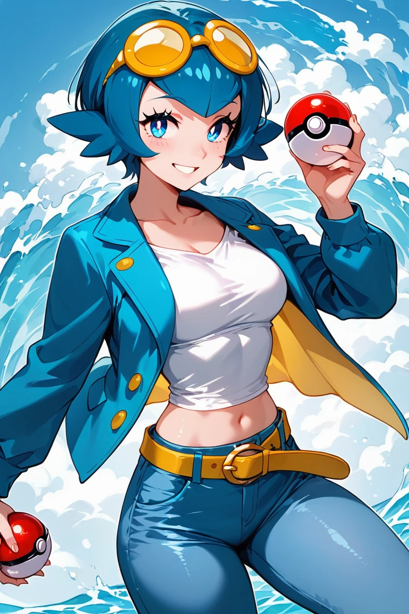 score_9, score_8_up, score_8, medium breasts, (curvy), cute, eyelashes,      ,,, zzCLana, blue eyes, blue hair, short hair,  white shirt, open clothes, midriff, denim pants, blue jacket, goggles, long belt strap,   dynamic poses, holding pokeball,  <lora:CollegeLanaPDXL:0.8>, ,,,  ,,, smile, looking at viewer,  abstract background, wave theme, white outline,  ,,, embedding:zPDXL, Expressiveh, <lora:SDXLFaeTastic2400:0.5>,  <lora:Expressive_H-000001:0.4>,