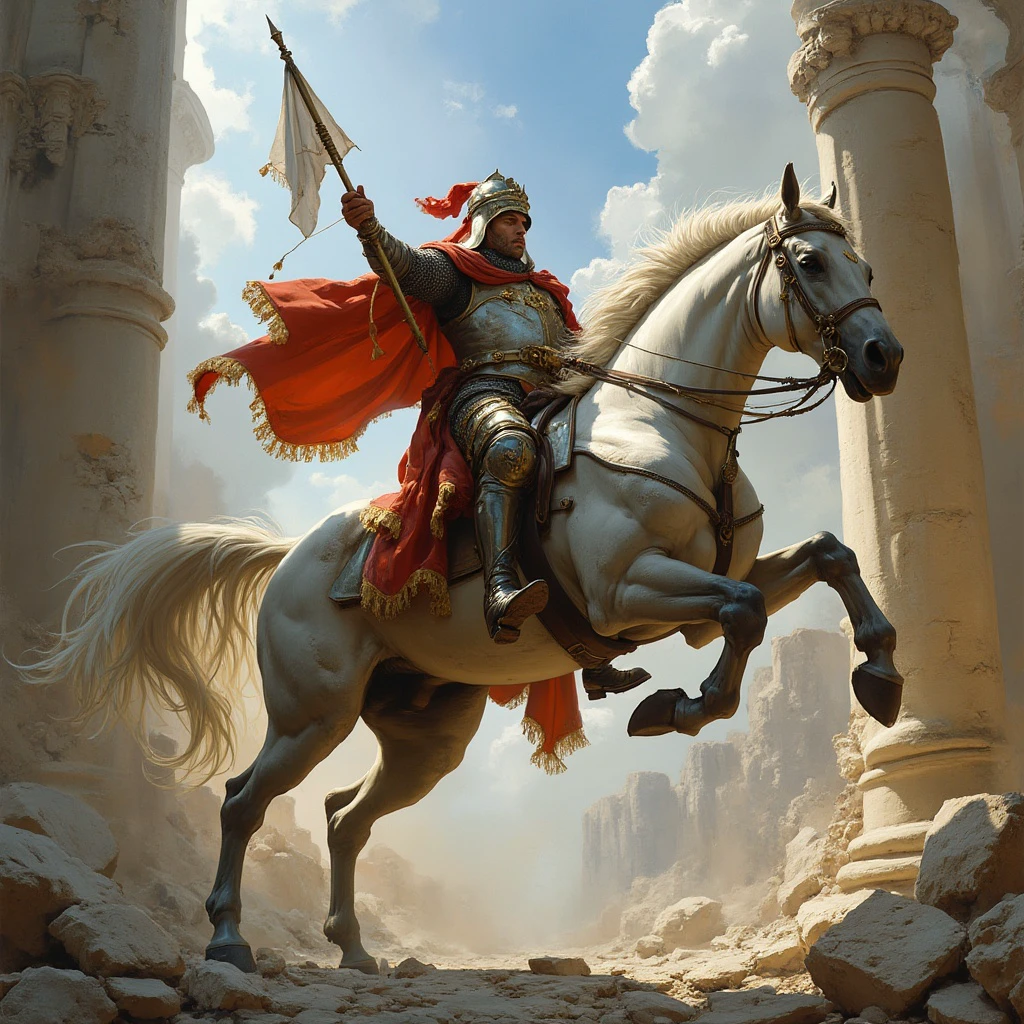 a GBTiepolo knight riding in the middle of the ruins