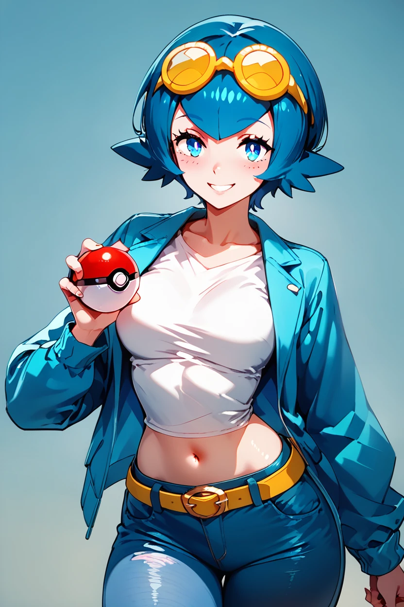 score_9, score_8_up, score_8, medium breasts, (curvy), cute, eyelashes,      ,,, zzCLana, blue eyes, blue hair, short hair,  white shirt, open clothes, midriff, denim pants, blue jacket, goggles,   dynamic poses, holding pokeball,  <lora:CollegeLanaPDXL:1.0>, ,,,  ,,, smile, looking at viewer,  abstract background, white outline,  ,,, embedding:zPDXL, Expressiveh, <lora:CatalystStylePDXL:0.6>,  <lora:SDXLFaeTastic2400:0.5>,  <lora:Expressive_H-000001:0.4>,