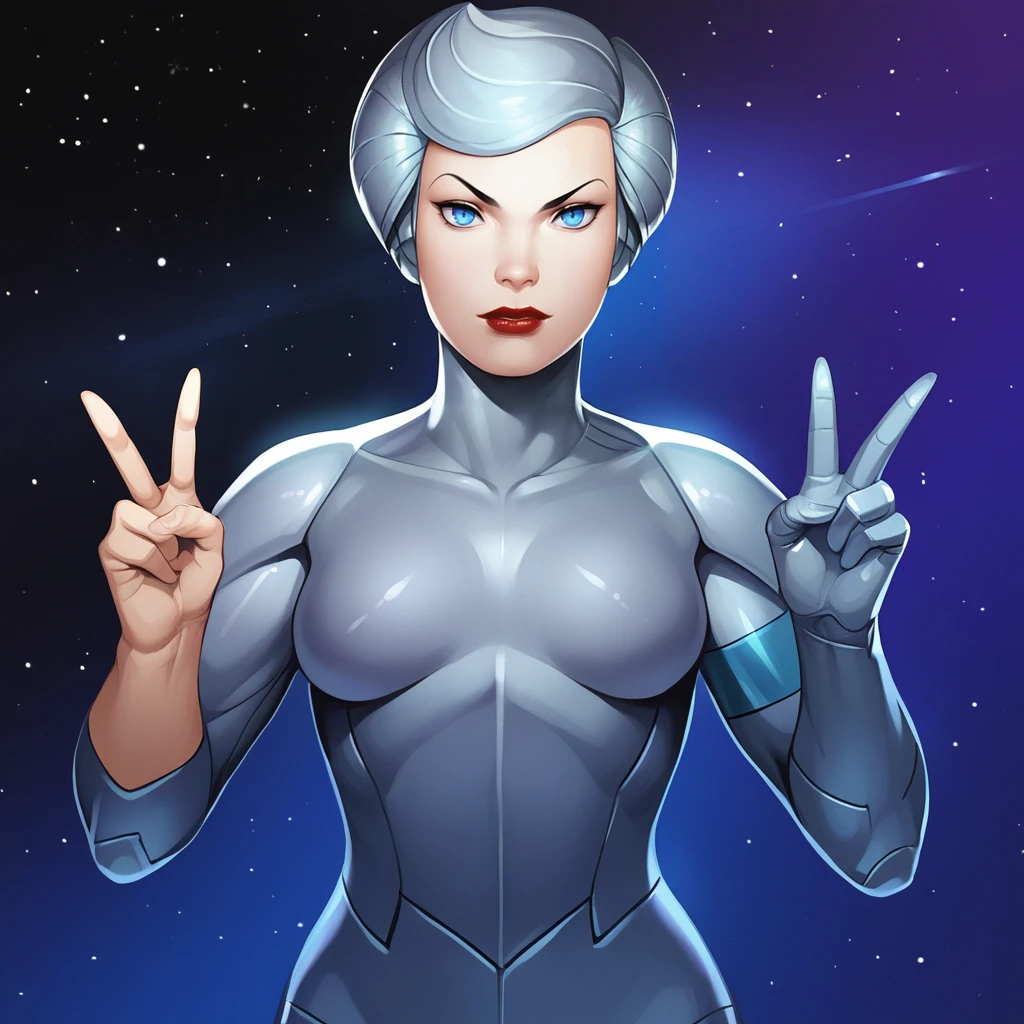 score_9_up, score_8_up, BREAK, SteelHeart, 1girl, solo, silver hair, short hair, blue eyes, lipstick, silver bodysuit, cowboy shot, double v,  <lora:SteelHeart_SilverHawks_PXL_Leaf2_r1:1>, space,